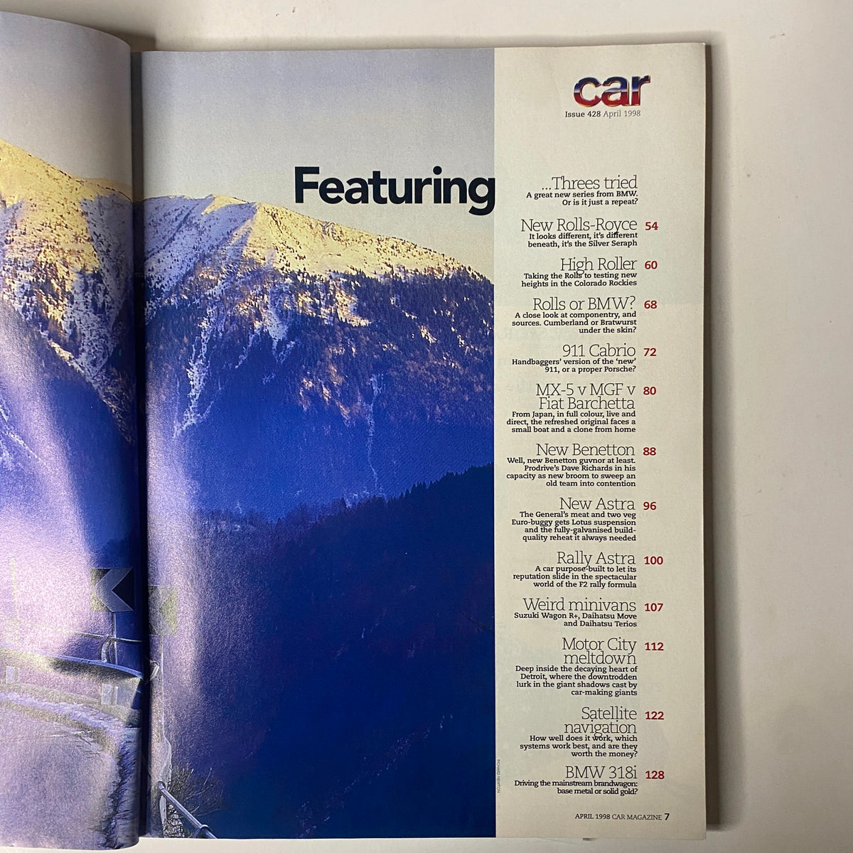 Interior page of Car Magazine UK Import April 1998 showcasing the table of contents, featuring articles on various car models, including the BMW 3-Series, Rolls-Royce, and more.