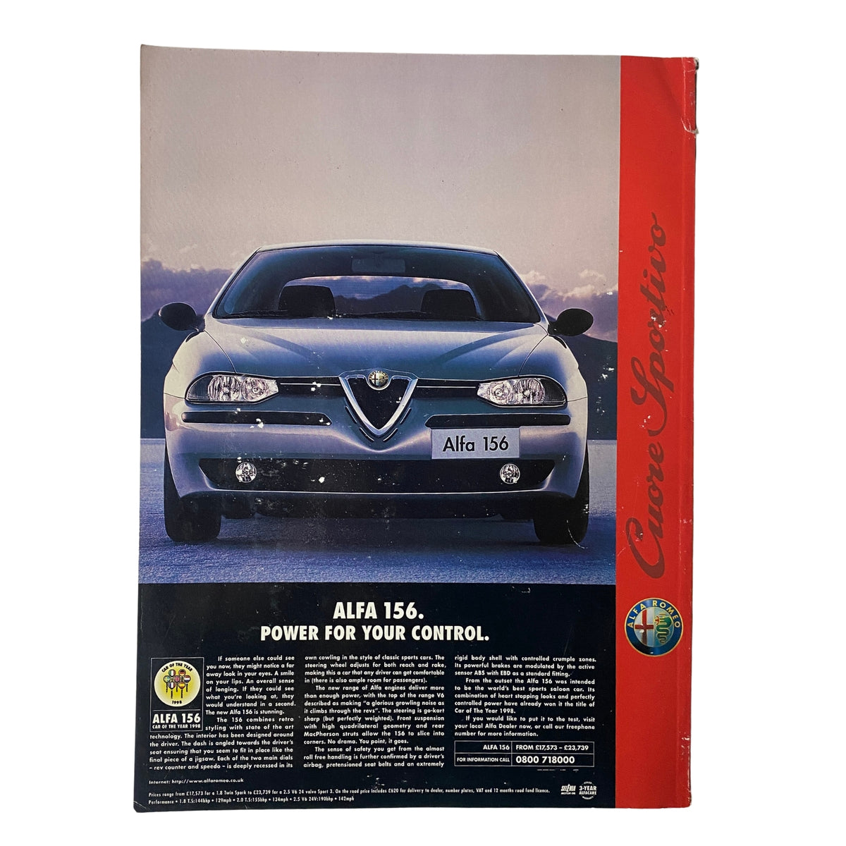 Back cover of Car Magazine UK Import April 1998 featuring the Alfa Romeo 156, emphasizing its tagline 'Power for Your Control' with a scenic backdrop, associated with the comparison test of 328i v Audi A4 v Alfa 156.