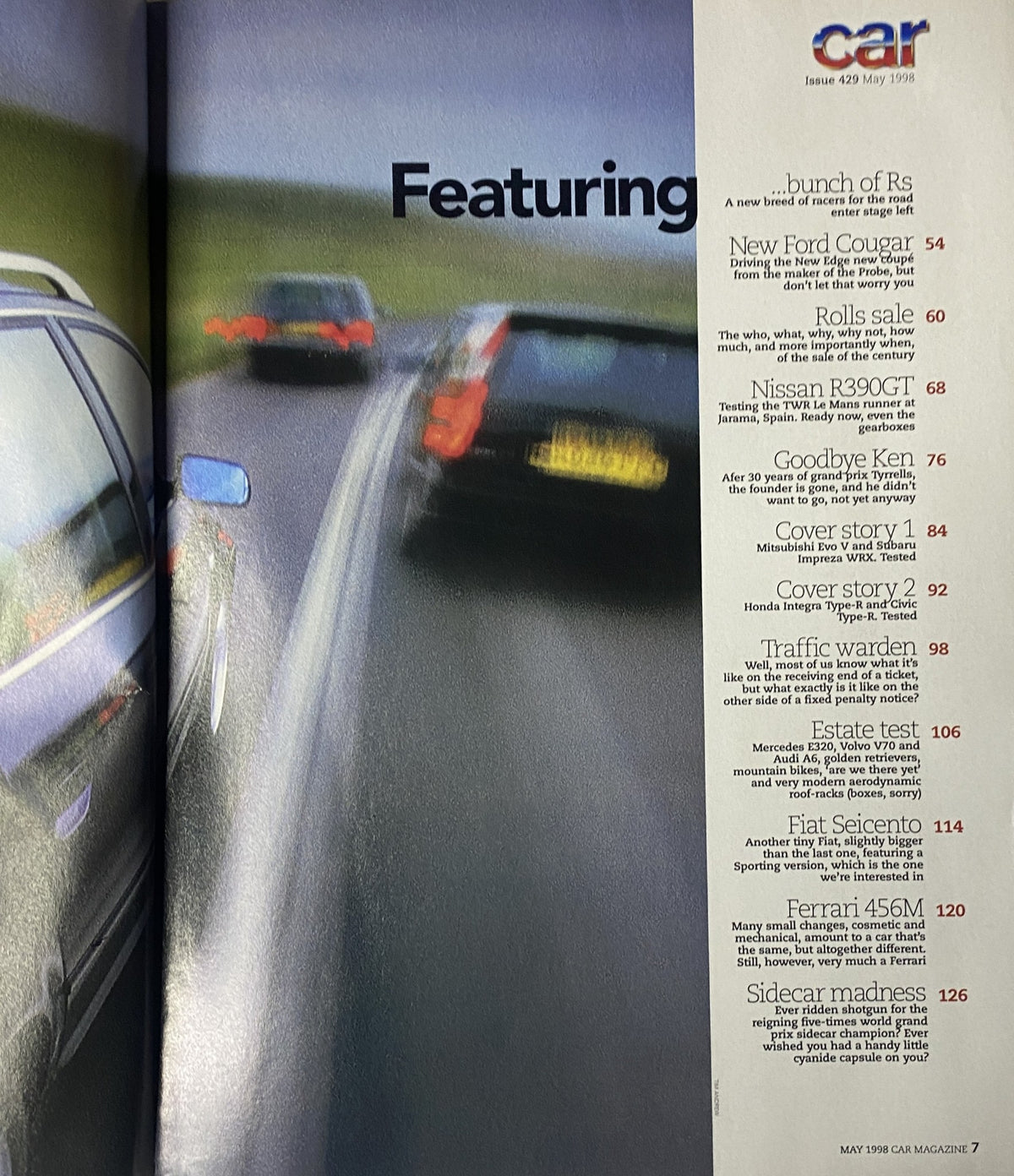 Interior page of Car Magazine UK May 1998, presenting the contents including articles on Mitsubishi Evo V, Subaru Impreza WRX, as well as Honda Integra and Civic Type-R.
