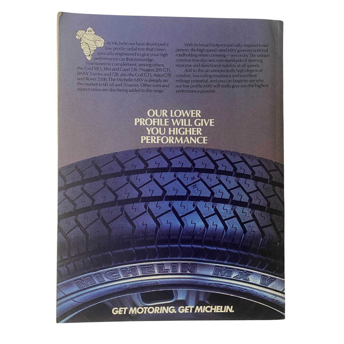 Back cover of Car Magazine UK November 1985 highlighting Michelin tires with a focus on performance and styling.
