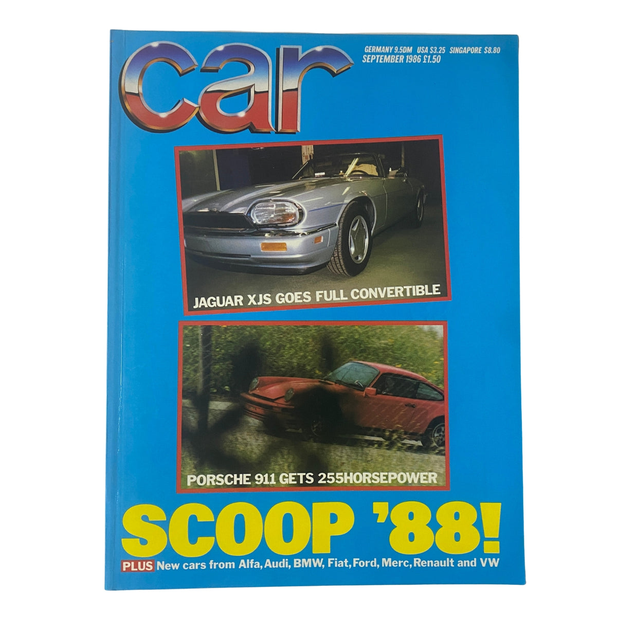 Cover of Car Magazine UK Import from September 1986 featuring a Jaguar XJS convertible and Porsche 911, titled 'SCOOP 88!' highlighting new models from various manufacturers.