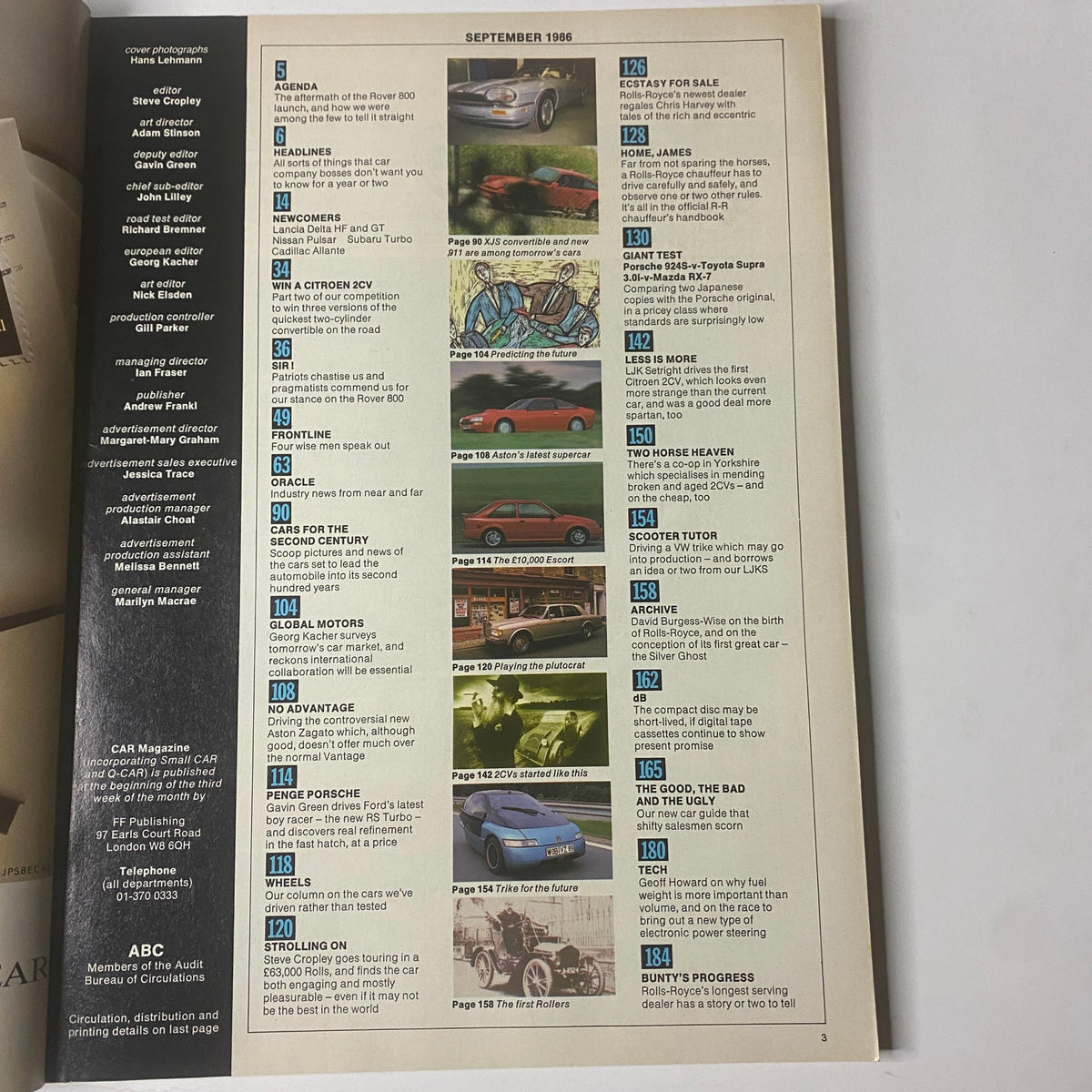 Inside page of Car Magazine UK Import from September 1986 displaying the table of contents with articles including agenda, newcomers, and technology insights from the automotive industry.