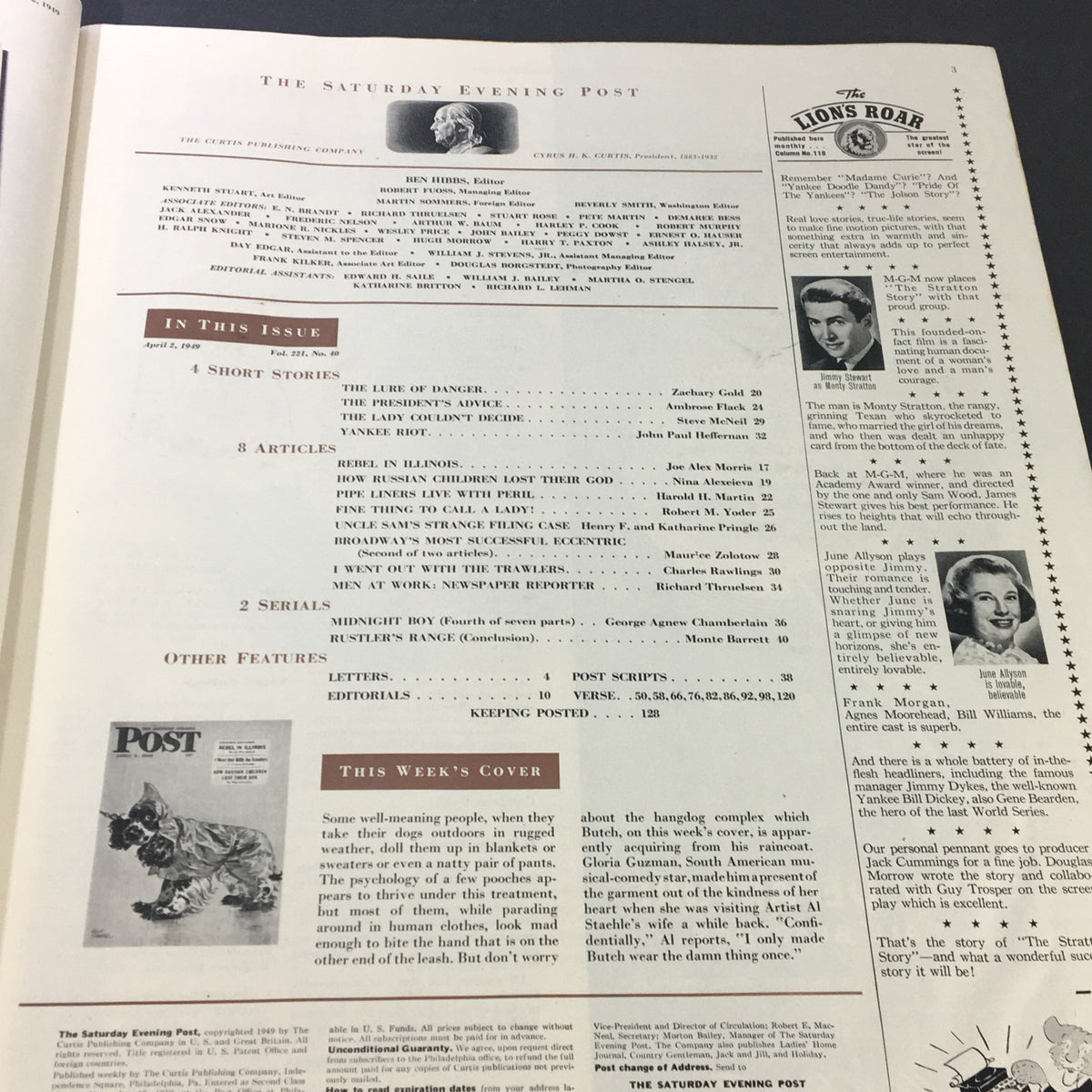 Table of contents page from the April 2, 1949 Saturday Evening Post, listing articles including 'How Russian Children Lost Their God'.