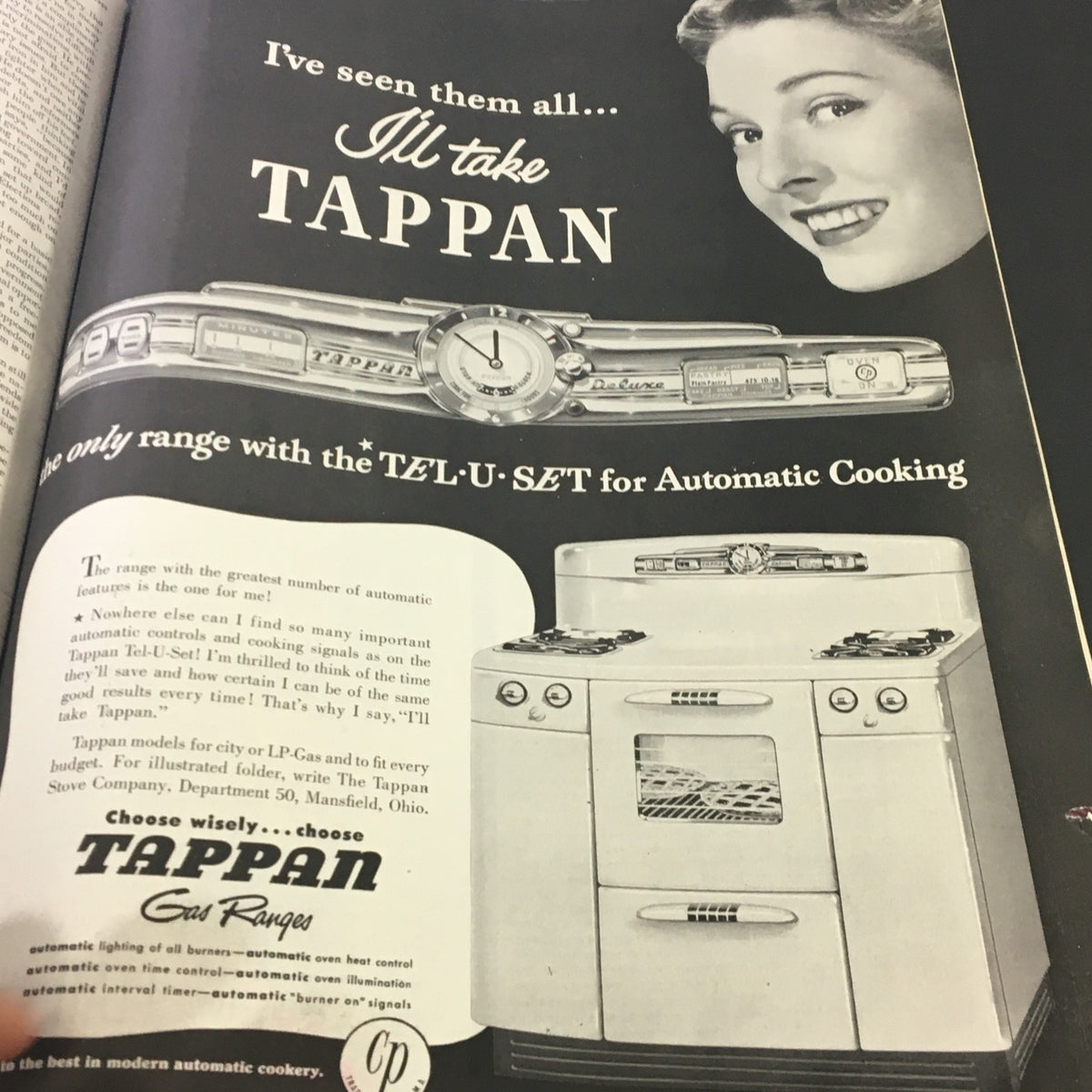 Advertisement for Tappan gas ranges in VTG The Saturday Evening Post April 2 1949, showcasing the Tel-U-Set for automatic cooking.
