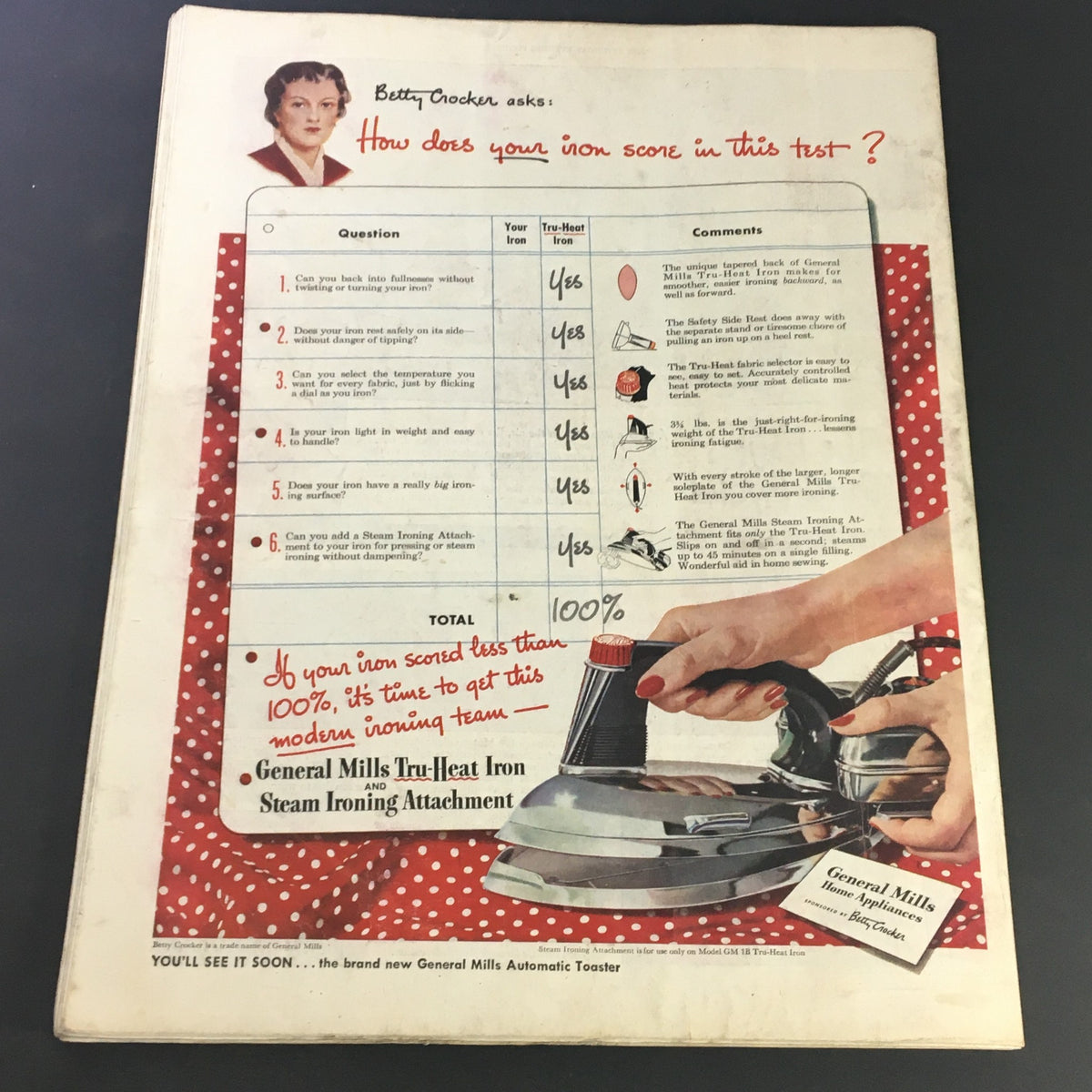 Vintage advertisement from the Saturday Evening Post dated April 2, 1949, featuring Betty Crocker promoting the General Mills Tru-Heat Iron and Steam Ironing Attachment, with a scoring test for irons.