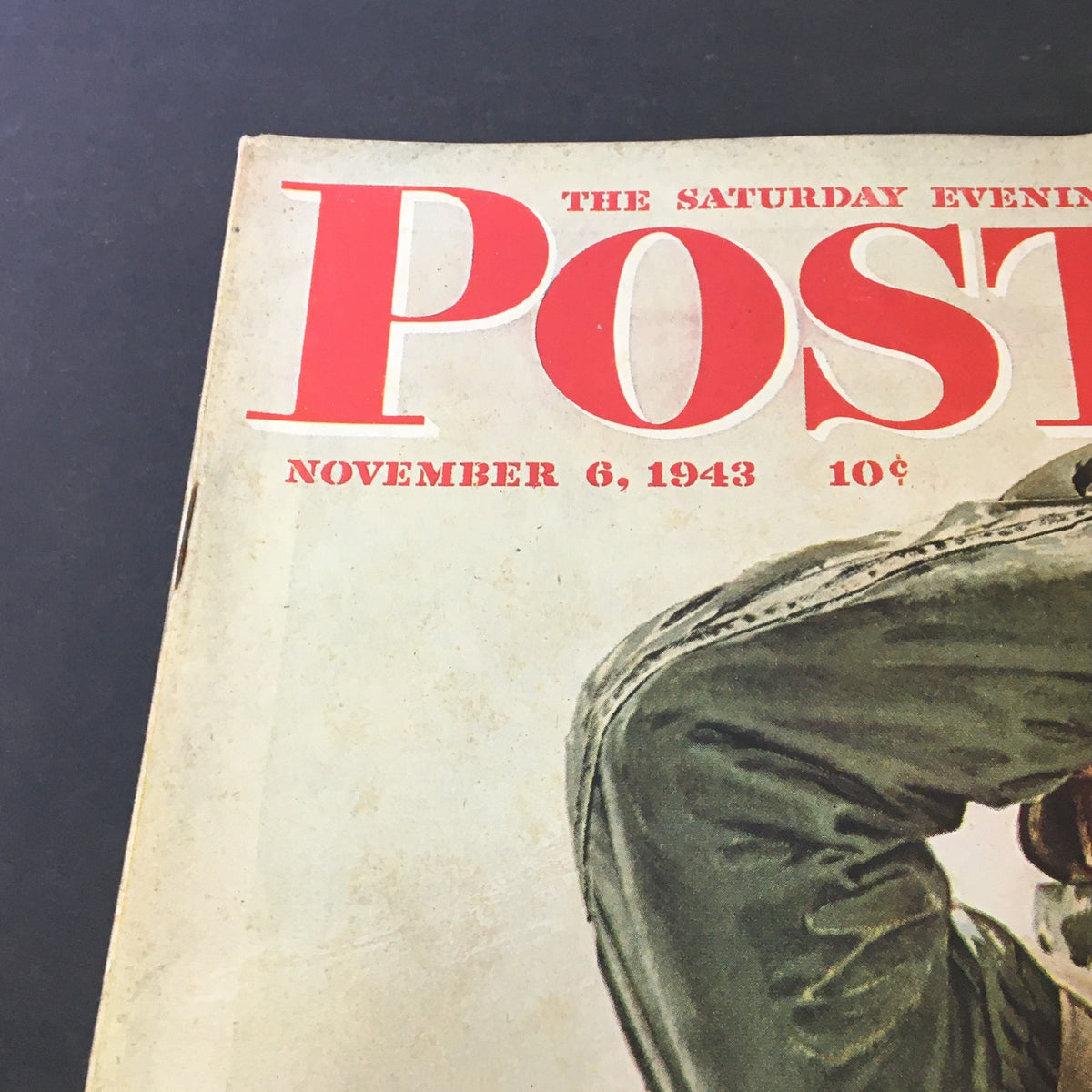 Close-up of the title on the cover of VTG The Saturday Evening Post November 6 1943, highlighting the date and original price.