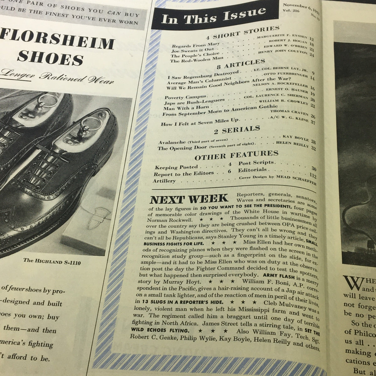 Interior page of VTG The Saturday Evening Post November 6 1943 displaying the table of contents, featuring various articles and ads from the issue.