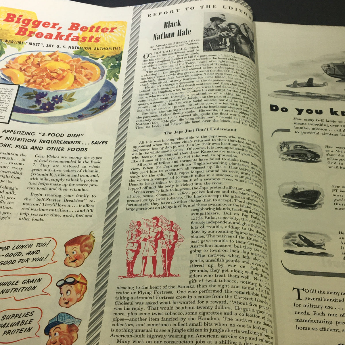 Report to the Editor section of The Saturday Evening Post, November 6, 1943, featuring an article titled 'Black Nathan Hale' alongside illustrations and a discussion about wartime challenges.