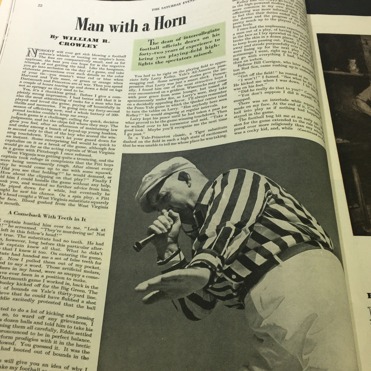 An article titled 'Man with a Horn' in The Saturday Evening Post, November 6, 1943, showcasing a football referee in action, illustrating intercollegiate sports.