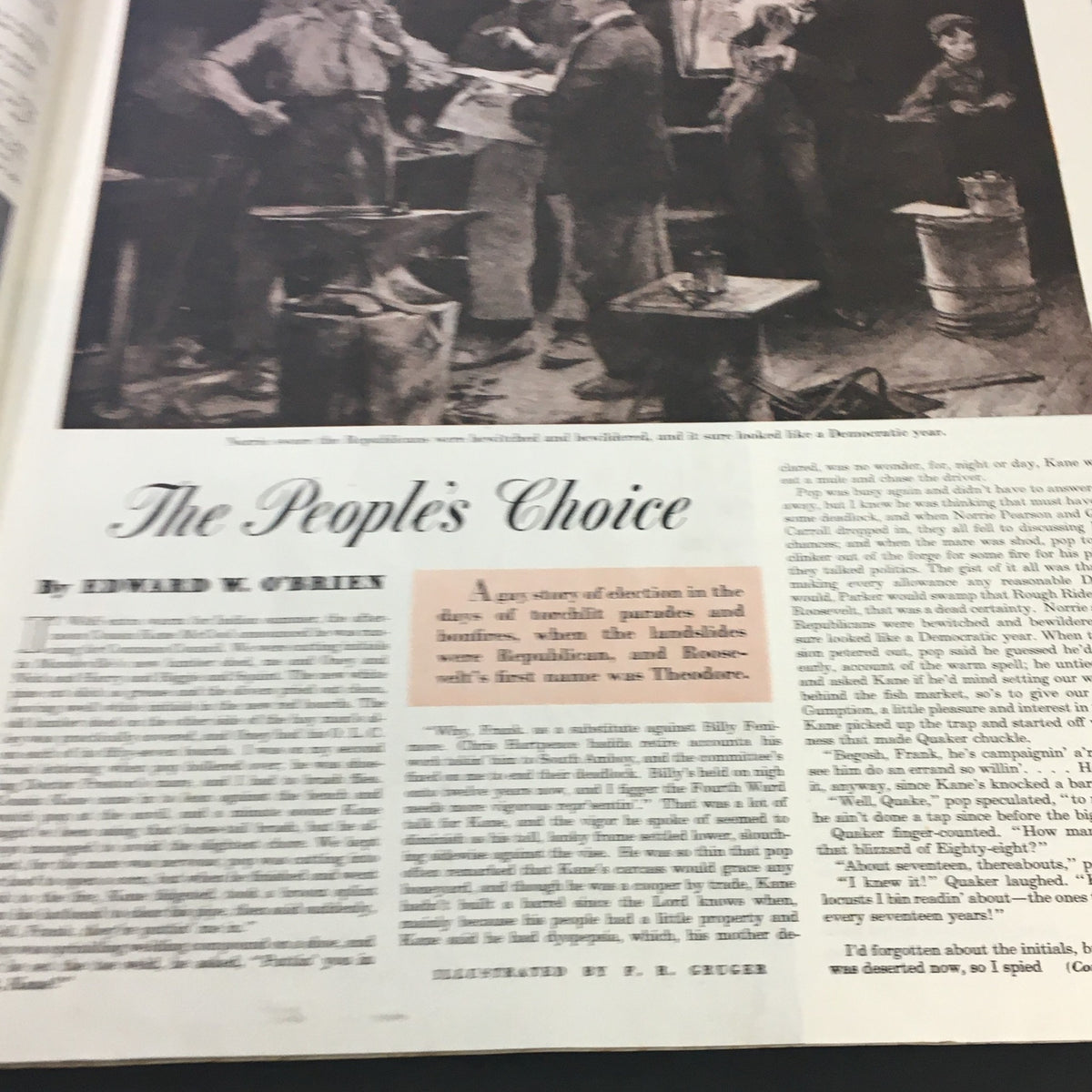 The People's Choice article from The Saturday Evening Post, November 6, 1943, discussing historical political elections with illustrated characters and articles highlighting past political events.