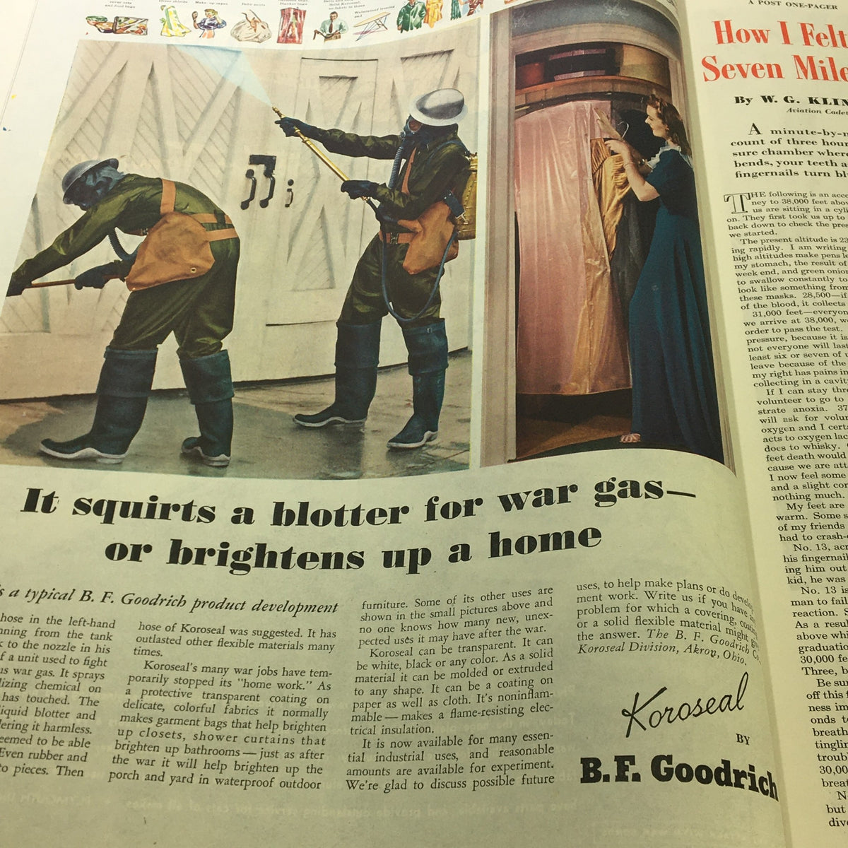 B.F. Goodrich advertisement in The Saturday Evening Post, November 6, 1943, showcasing product development with workers in gas masks and a woman in a dress, highlighting innovative uses for materials.