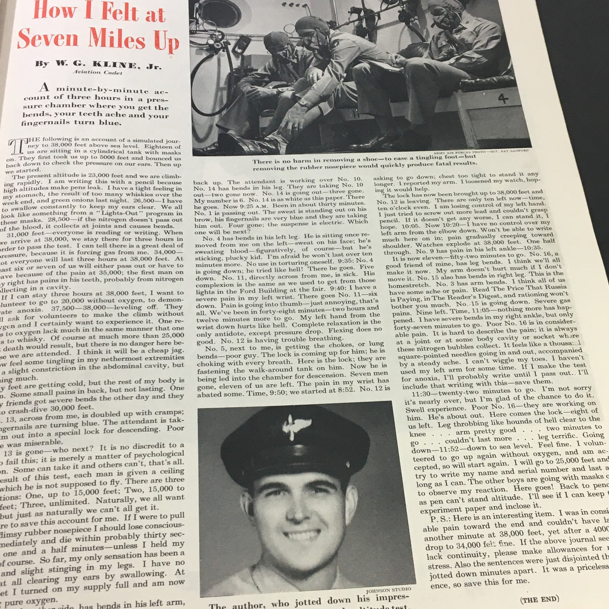 VTG The Saturday Evening Post November 6 1943 featuring an article titled 'How I Felt at Seven Miles Up' by W.G. Kline, Jr. The image shows a pressure chamber with men in equipment to address altitude sickness.