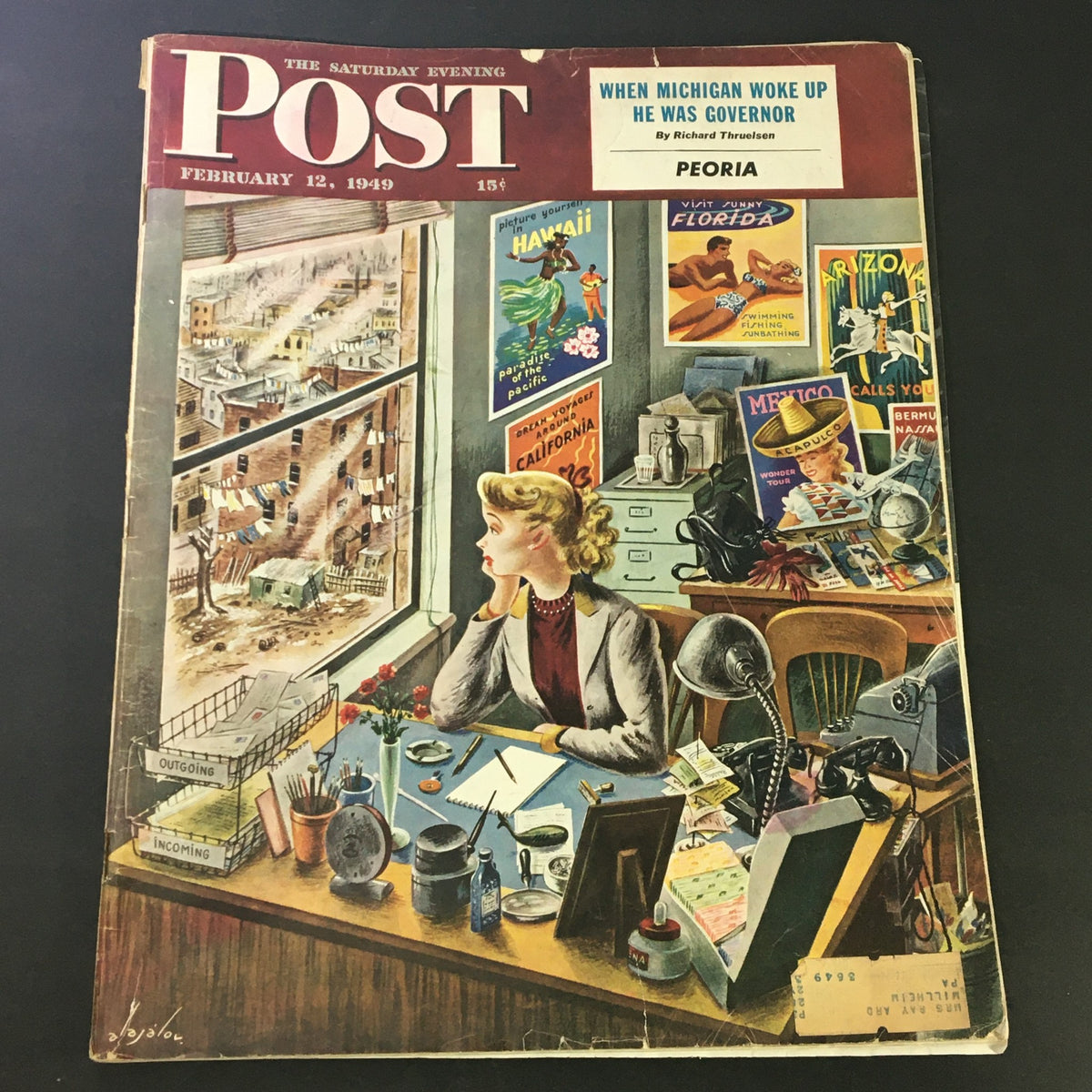 Cover of The Saturday Evening Post from February 12, 1949, featuring the headline 'When Michigan Woke Up He Was Governor', showcasing a woman at a desk looking out of a window depicting a city landscape.