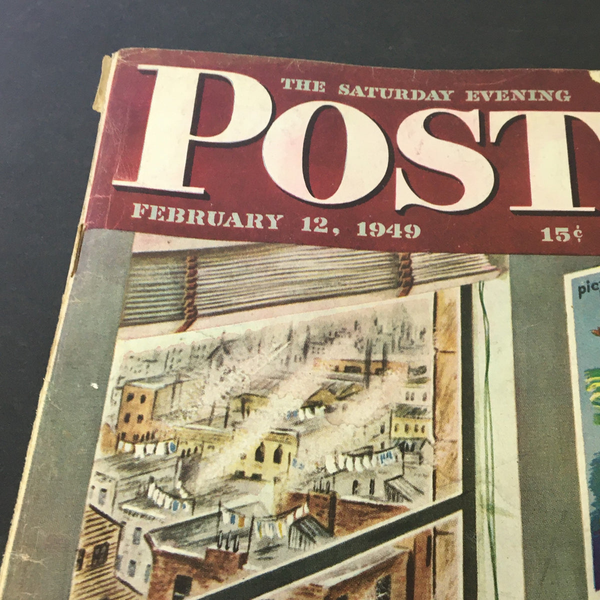 Close-up of the cover of The Saturday Evening Post dated February 12, 1949, featuring the title and a window showing a city view, advertising 'When Michigan Woke Up He Was Governor'.