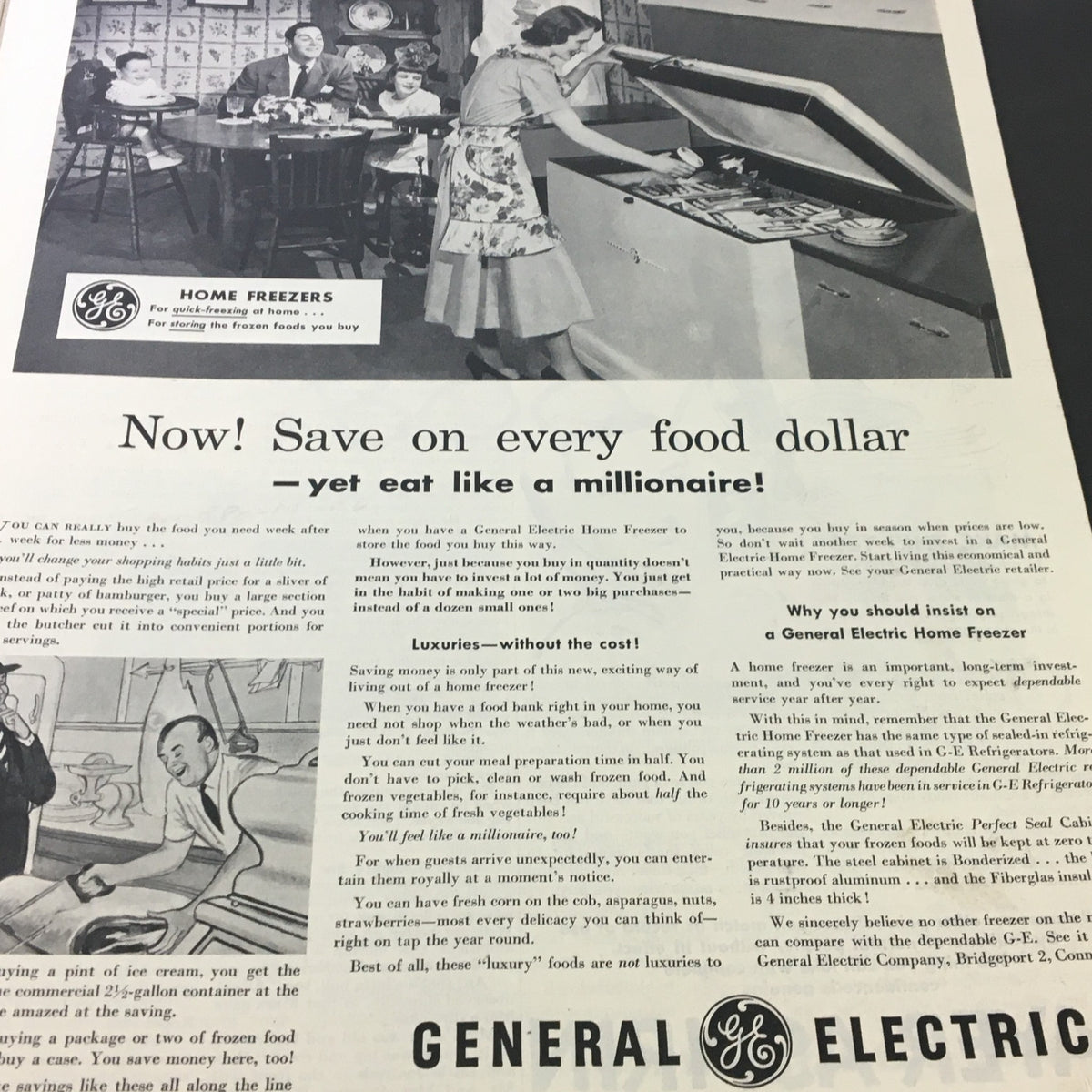 Advertisement in The Saturday Evening Post February 12 1949 promoting General Electric Home Freezers, showcasing a family enjoying mealtime and a woman using the freezer.