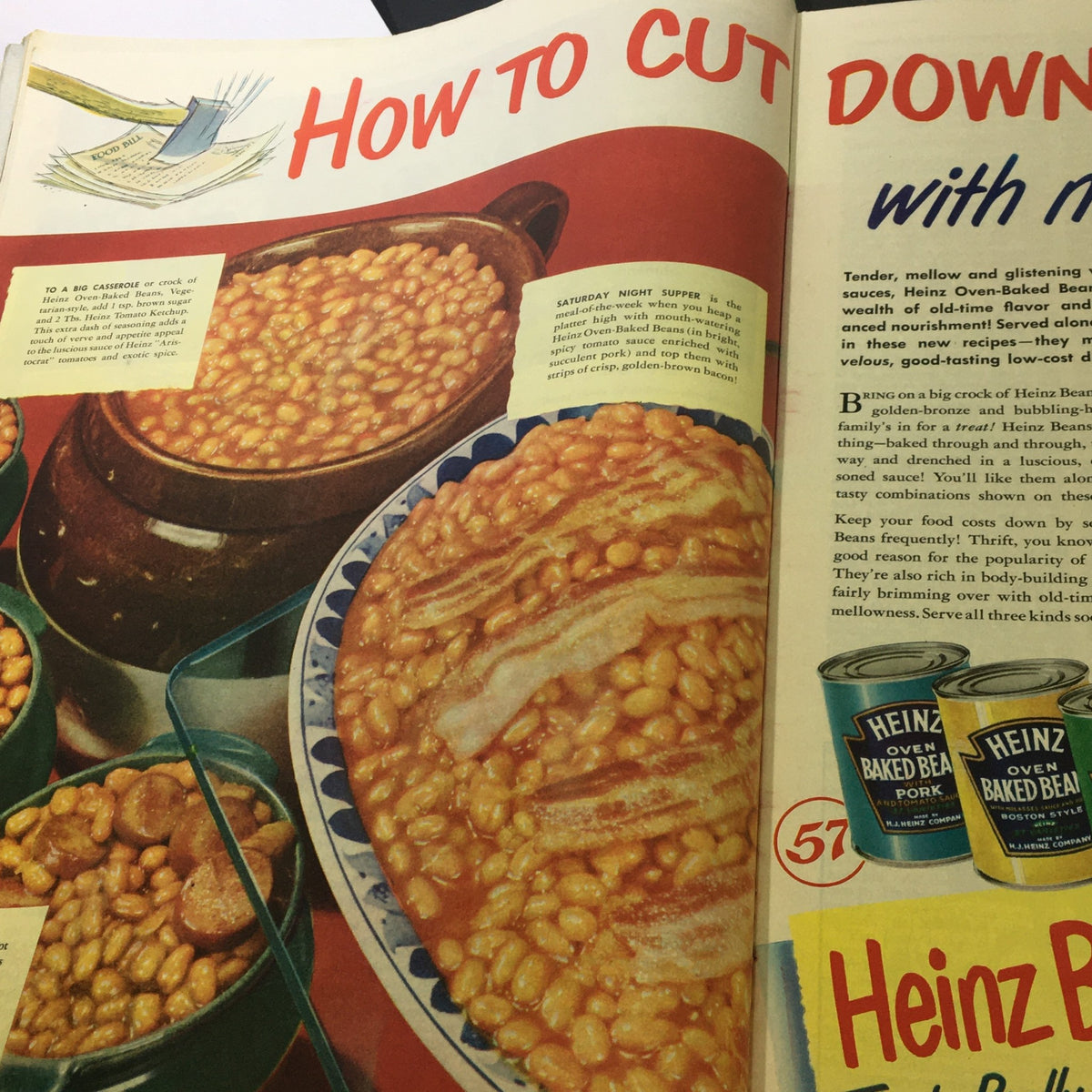 Article from The Saturday Evening Post February 12 1949 discussing recipes featuring Heinz Oven-Baked Beans, with various dishes served in colorful pots.