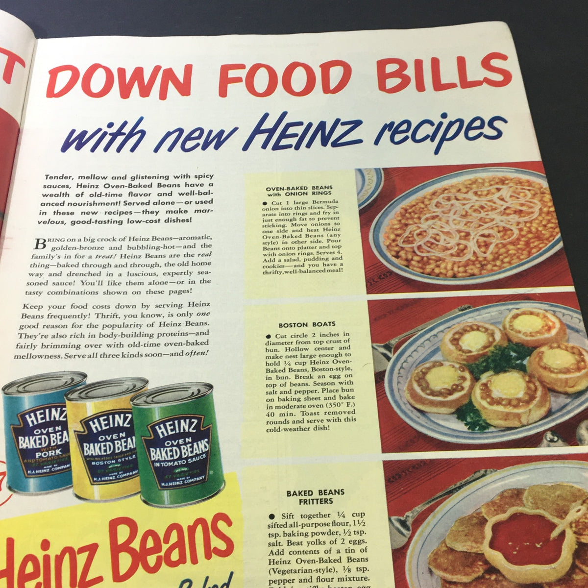 Heinz advertisement in The Saturday Evening Post February 12 1949 featuring new recipes to reduce food bills, showcasing baked beans dishes.