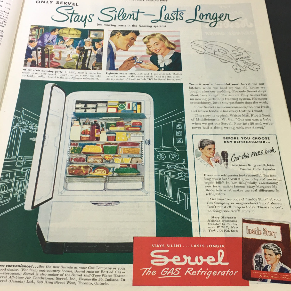 Servel refrigerator advertisement in The Saturday Evening Post February 12 1949, highlighting the benefits of having a quiet, gas-powered refrigerator.