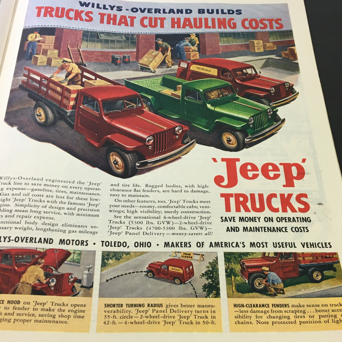 Vintage advertisement for Willys-Overland Jeep trucks, showcasing two trucks and highlighting features that cut hauling costs. Title: The Saturday Evening Post February 12 1949 When Michigan Woke Up He Was Governor.