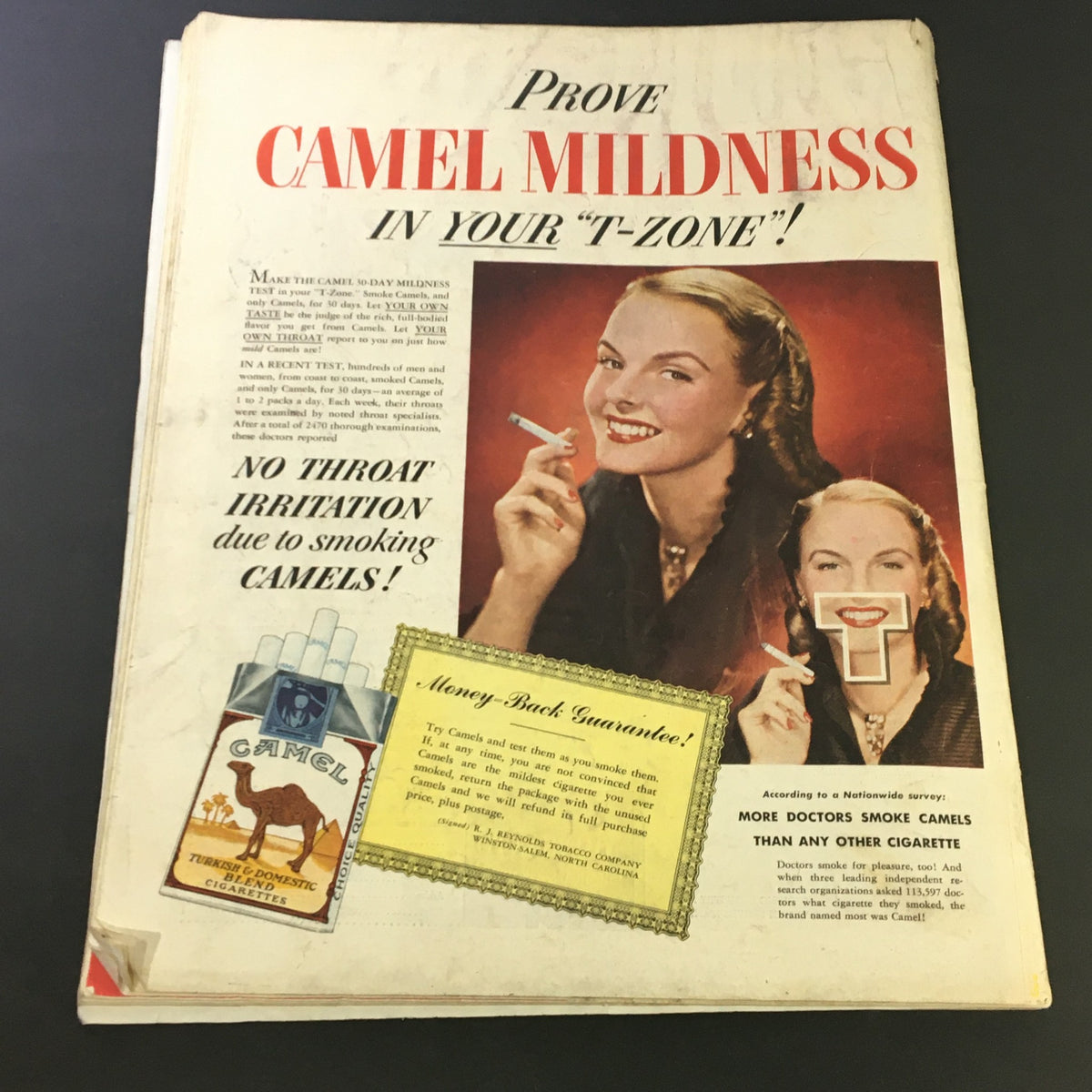 Retro Camel cigarette ad featuring a woman testing for mildness, promoting Camel cigarettes with money-back guarantee. Title: The Saturday Evening Post February 12 1949 When Michigan Woke Up He Was Governor.