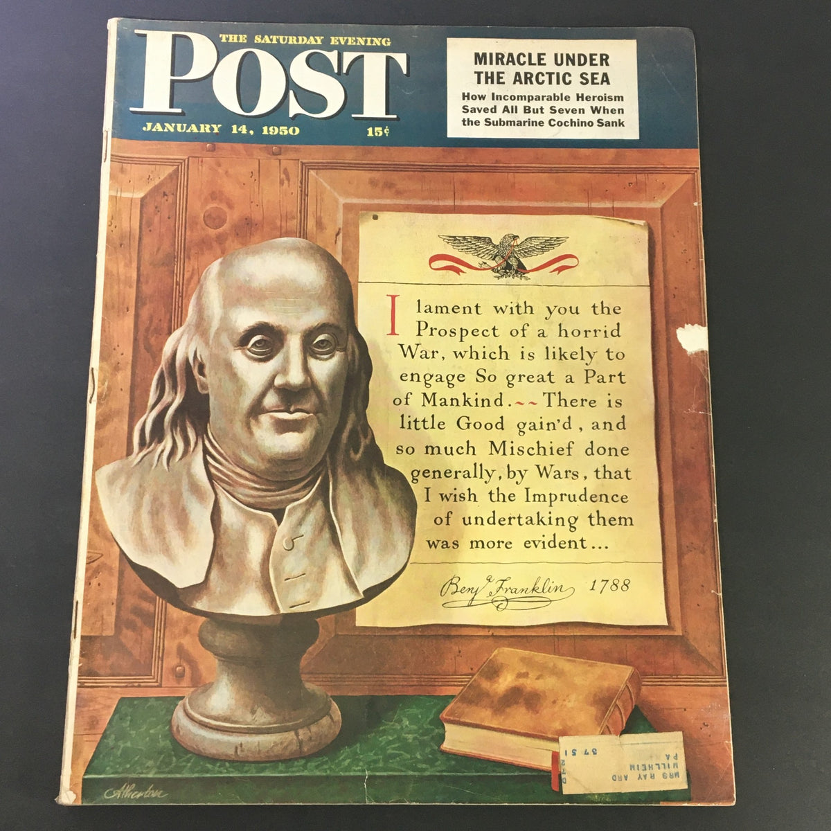 Cover of The Saturday Evening Post, January 14, 1950, featuring a bust of Benjamin Franklin, showcasing articles on how an office building operates.