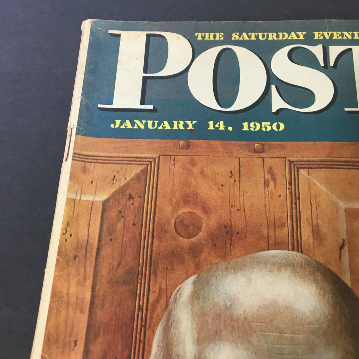 Close-up of the cover of The Saturday Evening Post, January 14, 1950, highlighting the date and a detailed illustration of a bust of Benjamin Franklin.
