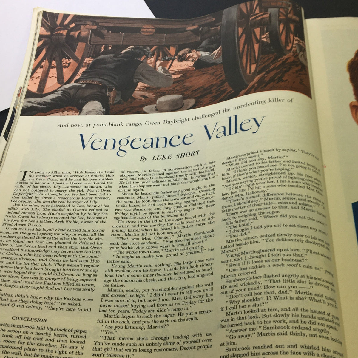 Page from The Saturday Evening Post January 14 1950 containing a story titled 'Vengeance Valley' by Luke Short, featuring dramatic imagery related to the narrative.