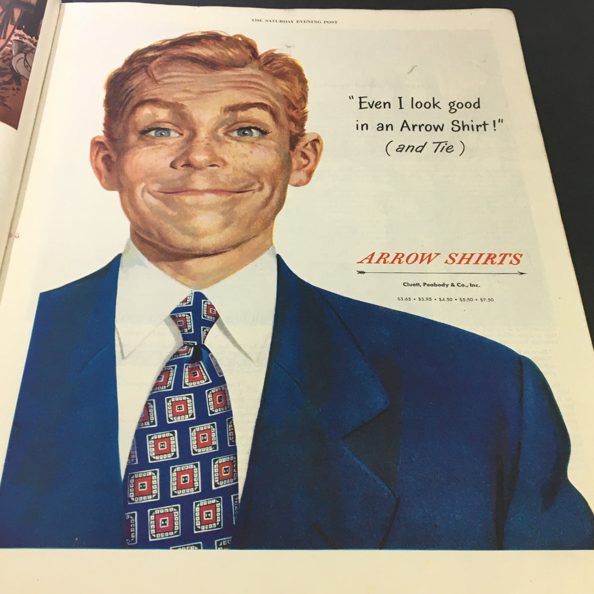 Vintage advertisement from The Saturday Evening Post January 14 1950 featuring a smiling man in an Arrow Shirt, promoting the brand with the tagline 'Even I look good in an Arrow Shirt!'