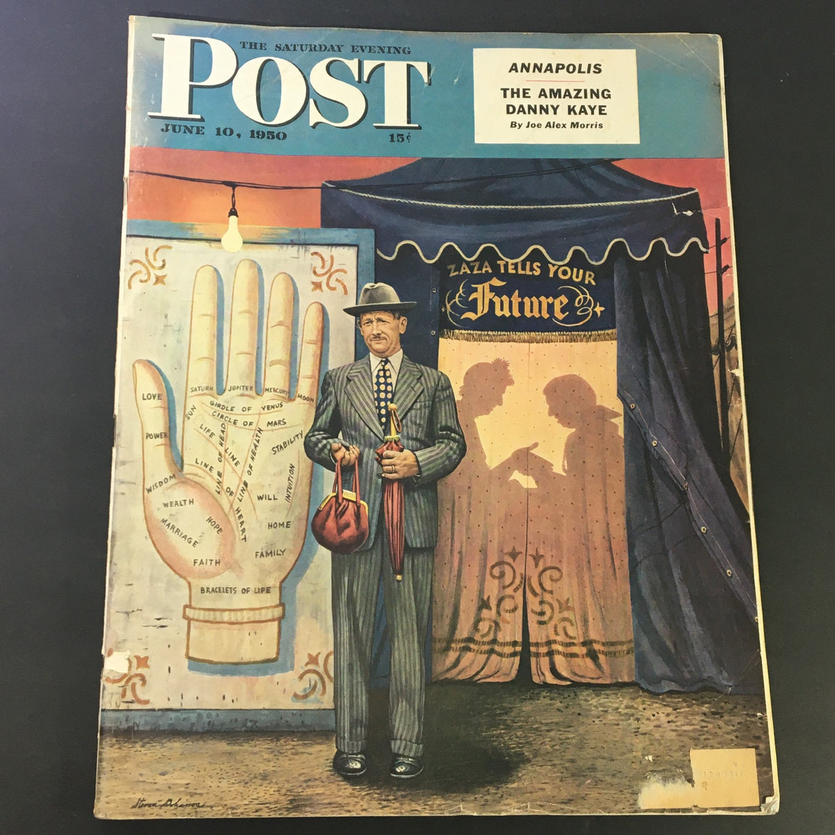 The Saturday Evening Post June 10 1950 cover featuring The Amazing Danny Kaye by Joe Alex Morris, showcasing a man in a suit holding a bag in front of a fortune-telling booth with a palm reading design in the background.