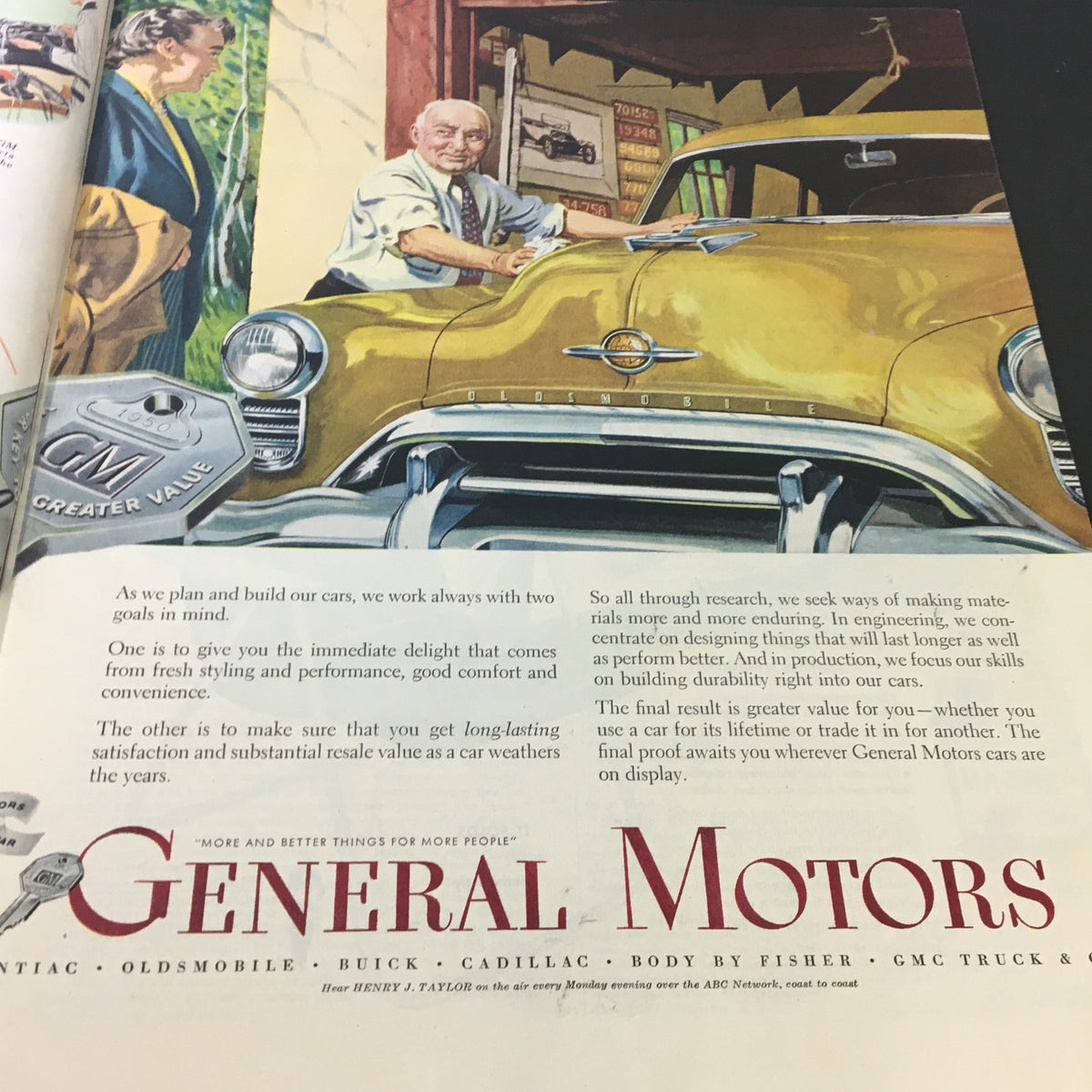 Advertisement from The Saturday Evening Post June 10 1950 for General Motors featuring a man in a garage next to a classic yellow car, emphasizing quality and design in vehicle production.