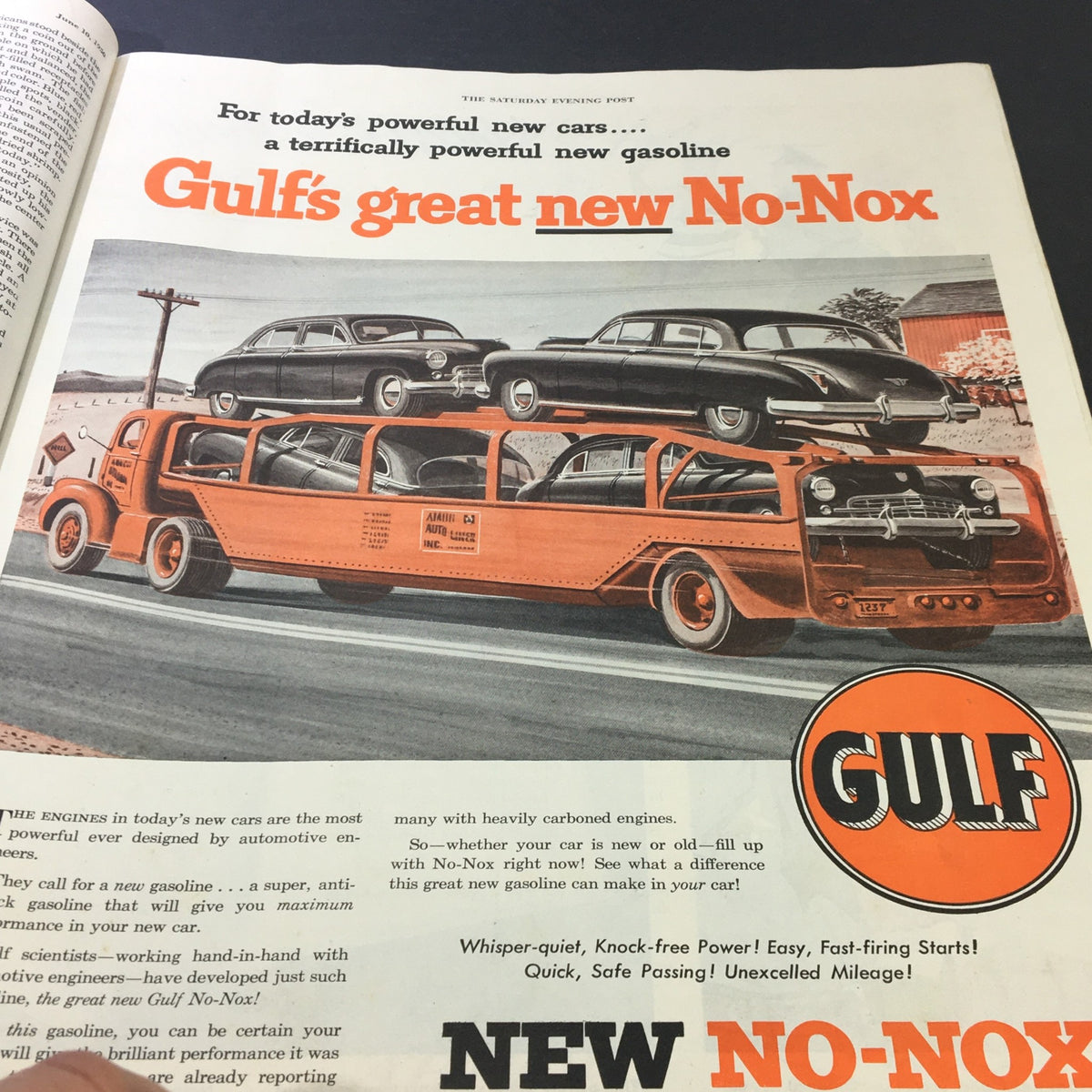 Gulf gasoline advertisement depicting a truck transporting cars with the slogan New No-Nox. Image is from The Saturday Evening Post June 10 1950 The Amazing Danny Kaye by Joe Alex Morris.