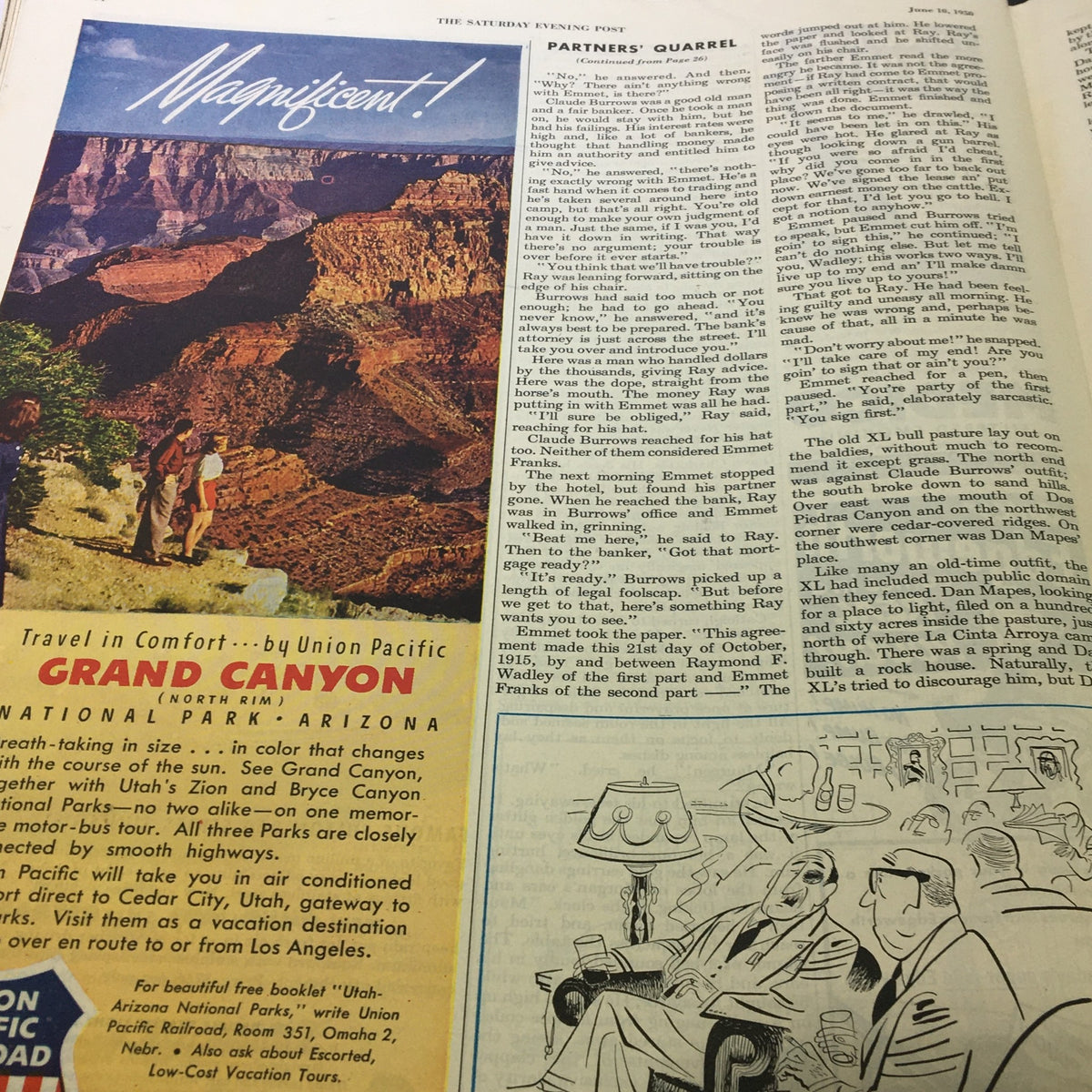 Grand Canyon travel advertisement promoting comfort by Union Pacific with scenic view. Image is from The Saturday Evening Post June 10 1950 The Amazing Danny Kaye by Joe Alex Morris.