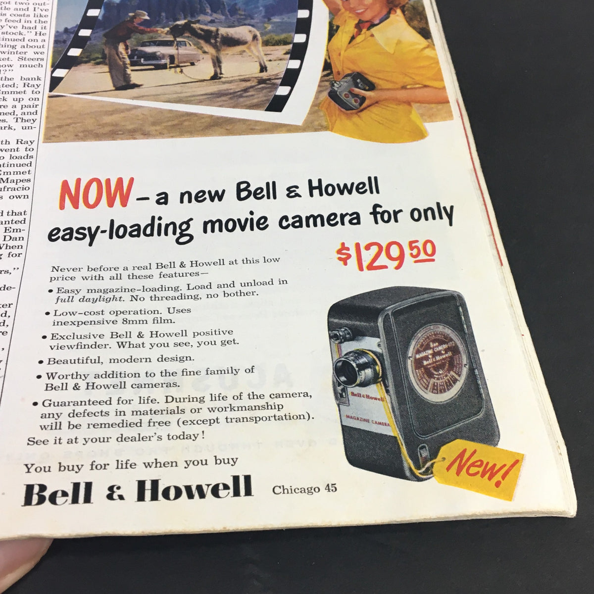 Advertisement for a Bell & Howell easy-loading movie camera from The Saturday Evening Post, June 10, 1950 featuring product features and pricing details.