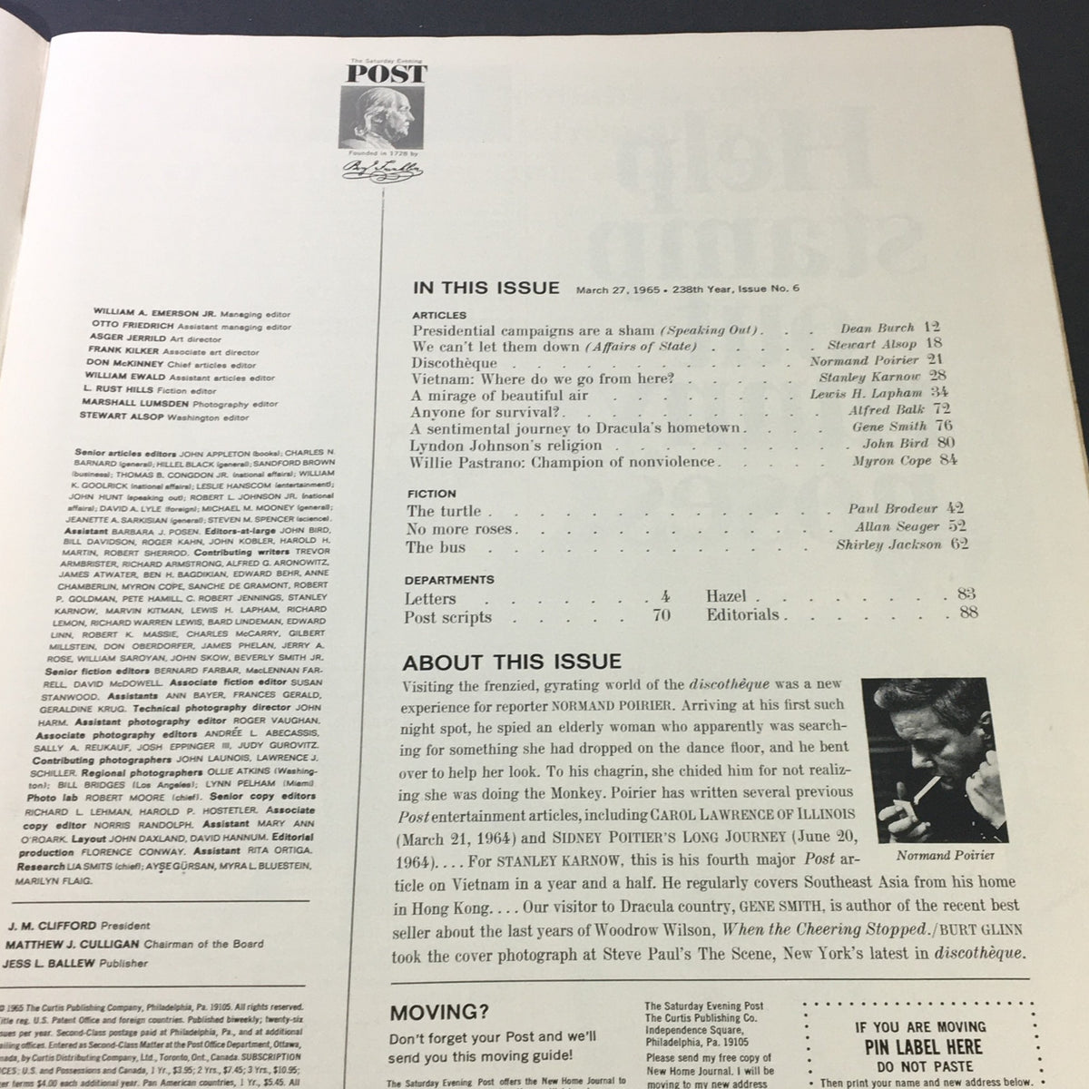 Inside page of The Saturday Evening Post March 27 1965, displaying the table of contents and list of featured articles including Lyndon Johnson's religion and other notable topics.