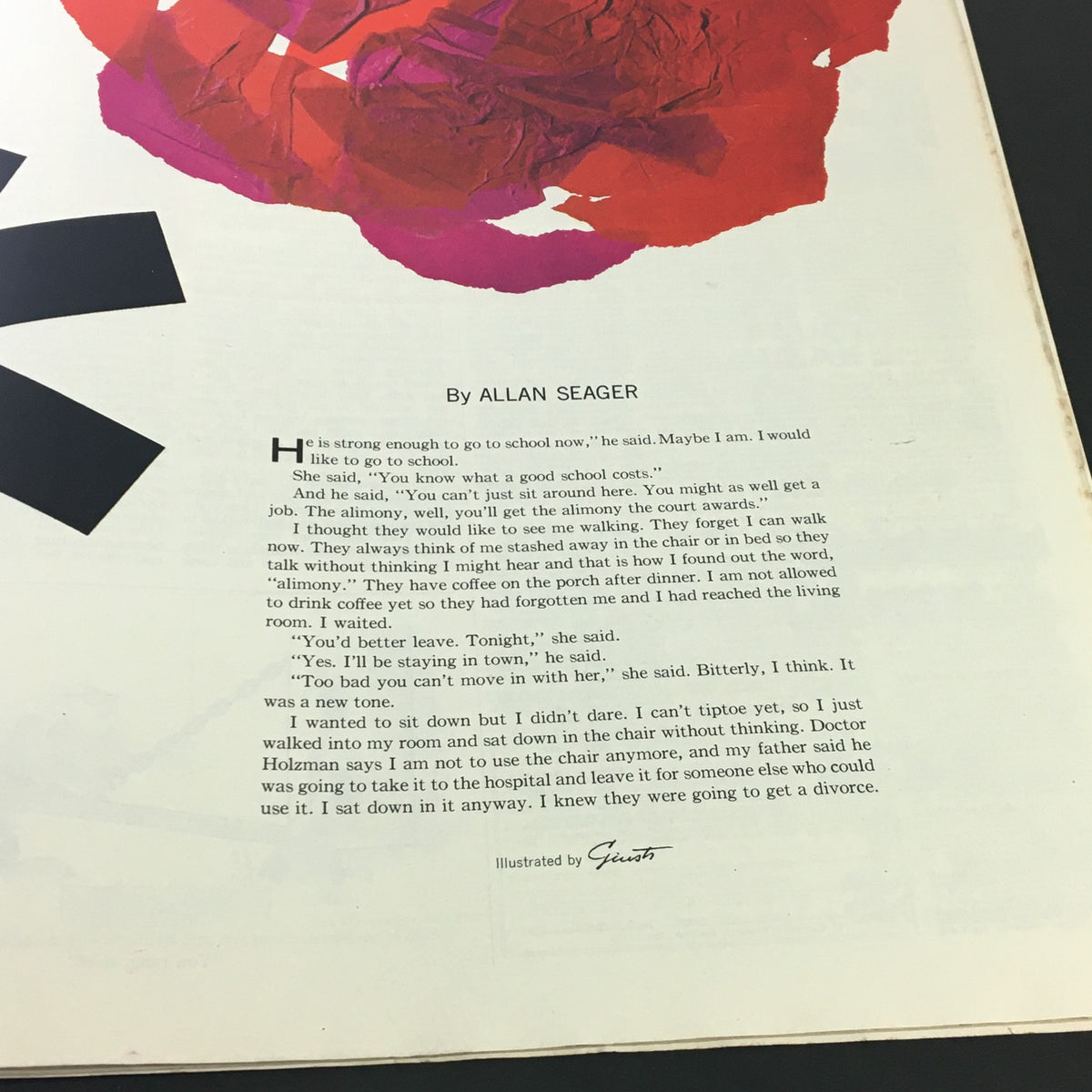 Interior page featuring a short story by Allan Seager from The Saturday Evening Post, March 27, 1965, discussing themes of family and education.