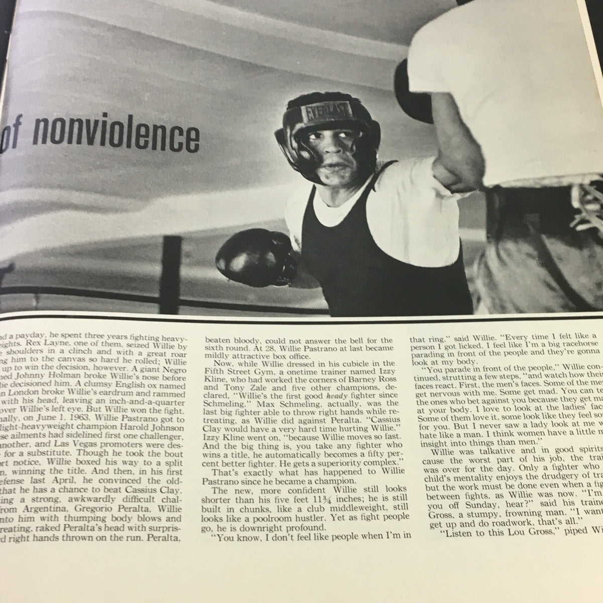 A boxing portrait of Willie Pastrano in action, featured in The Saturday Evening Post, March 27, 1965, showcasing his journey in the boxing world.