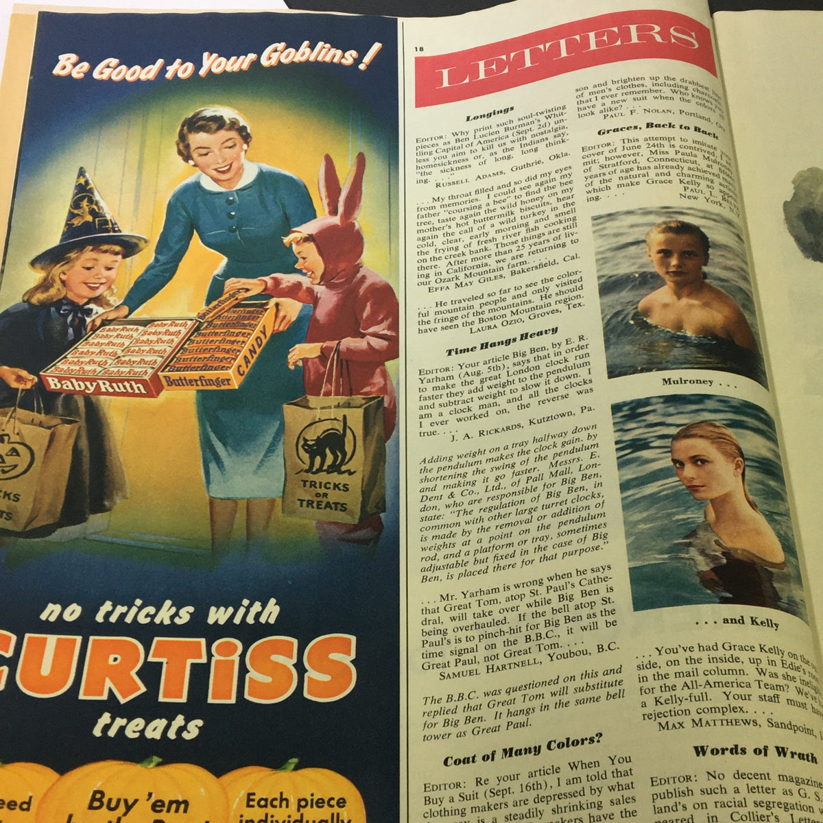 Vintage advertisement from Collier's Magazine October 28, 1955, promoting treats for Halloween, showing children in costumes with candy.