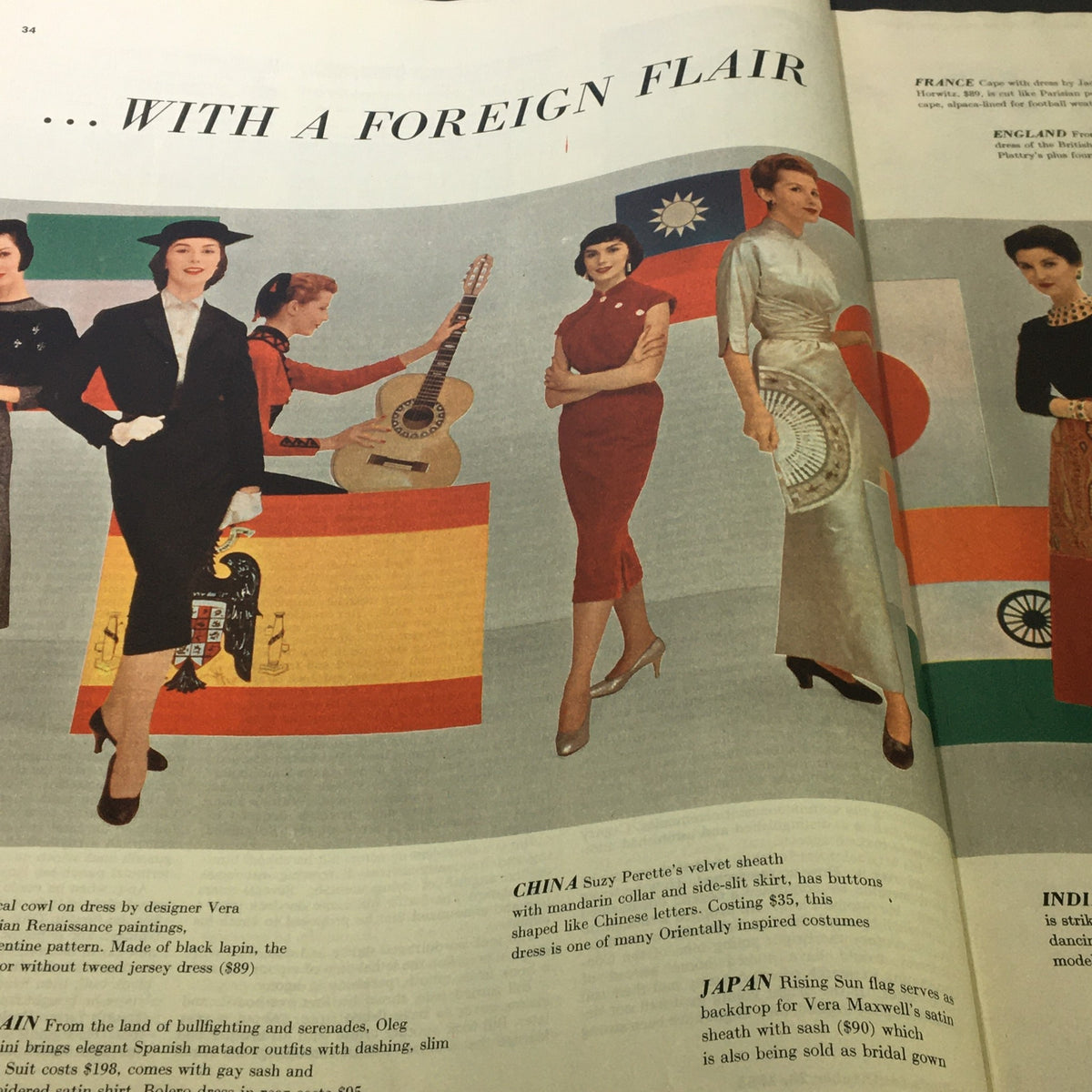 Fashion feature titled 'With A Foreign Flair' from Collier's Magazine October 28, 1955, depicting women in international outfits alongside cultural references.
