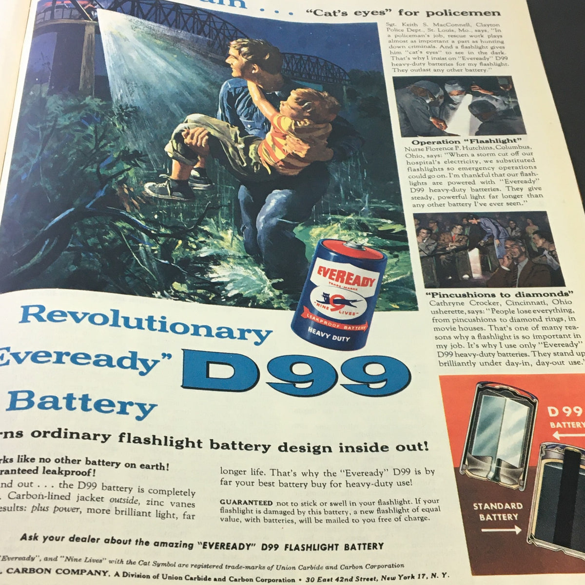 Eveready D99 battery advertisement from VTG Collier's Magazine October 28 1955, illustrating innovative battery technology for flashlights.