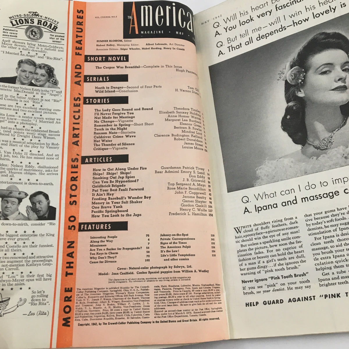 Page featuring articles and features from The American Magazine May 1942, showcasing Joan Caulfield and Cocker Spaniel puppies.