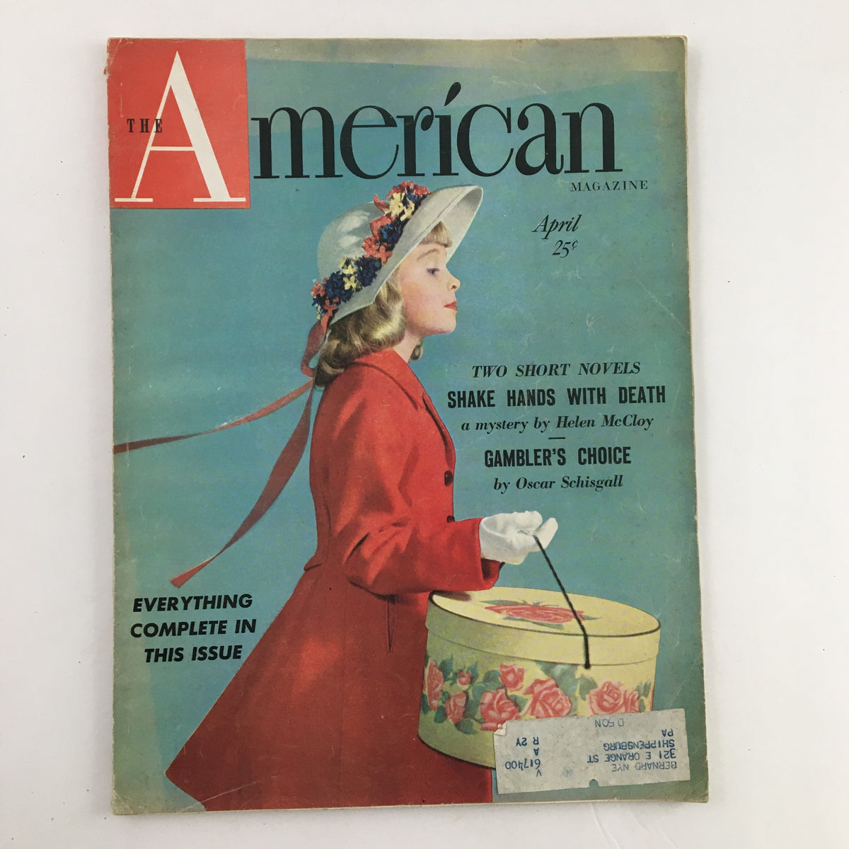 The American Magazine April 1950 cover featuring model Lorna Gail Gilliam wearing a stylish hat by designer Sally, showcasing mid-century fashion.