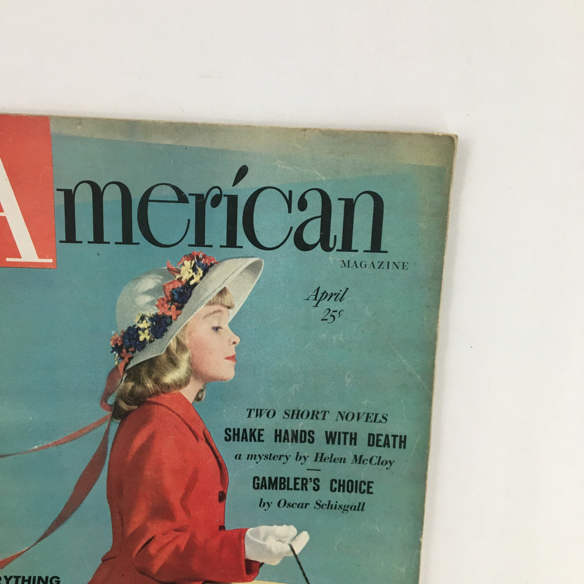 The American Magazine April 1950 cover close-up with model Lorna Gail Gilliam highlighted, elegantly dressed with a fashionable hat, representing vintage magazine art.