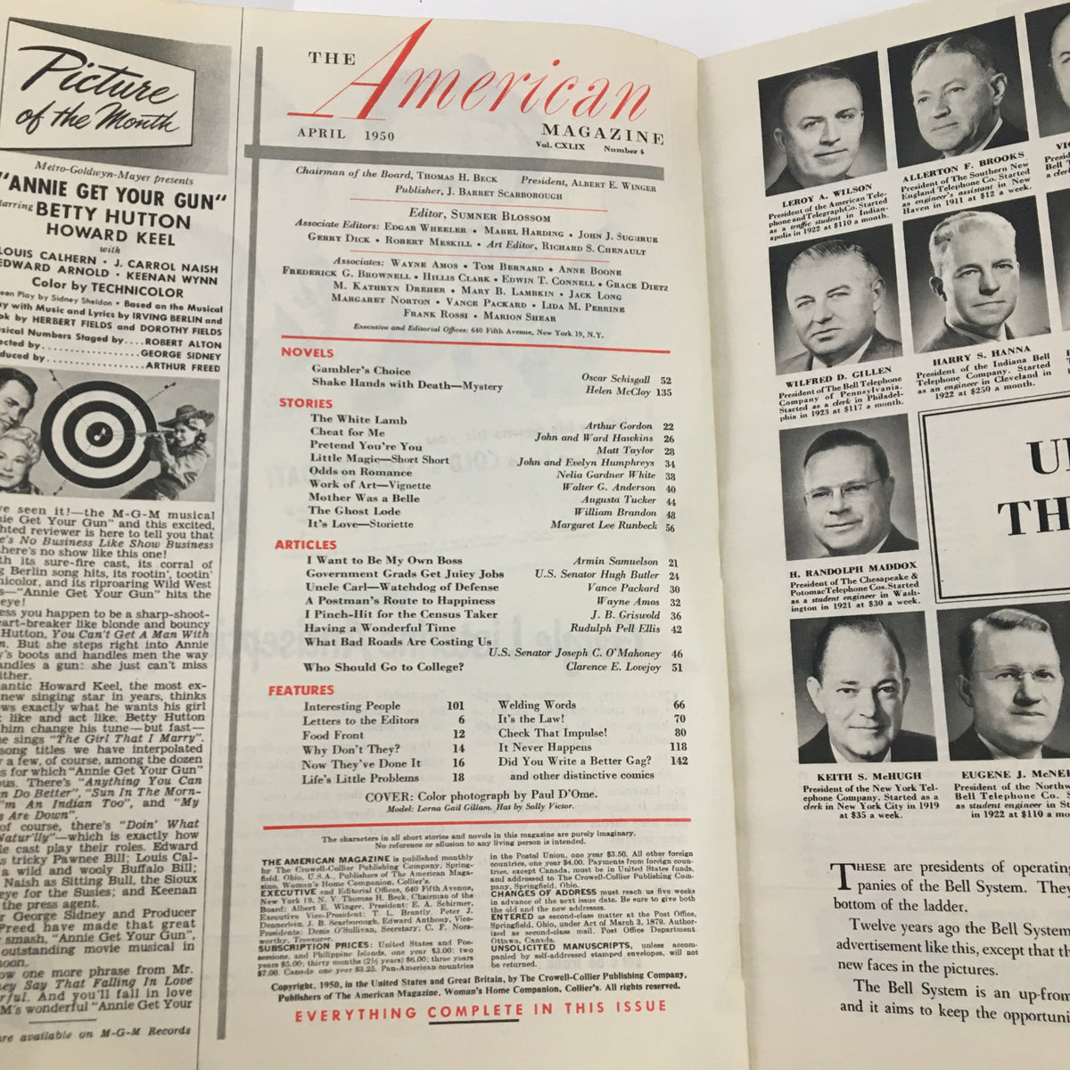 Interior page of The American Magazine April 1950 featuring the table of contents, articles, and illustrations. This edition includes model Lorna Gail Gilliam and highlights mid-century culture and fashion.