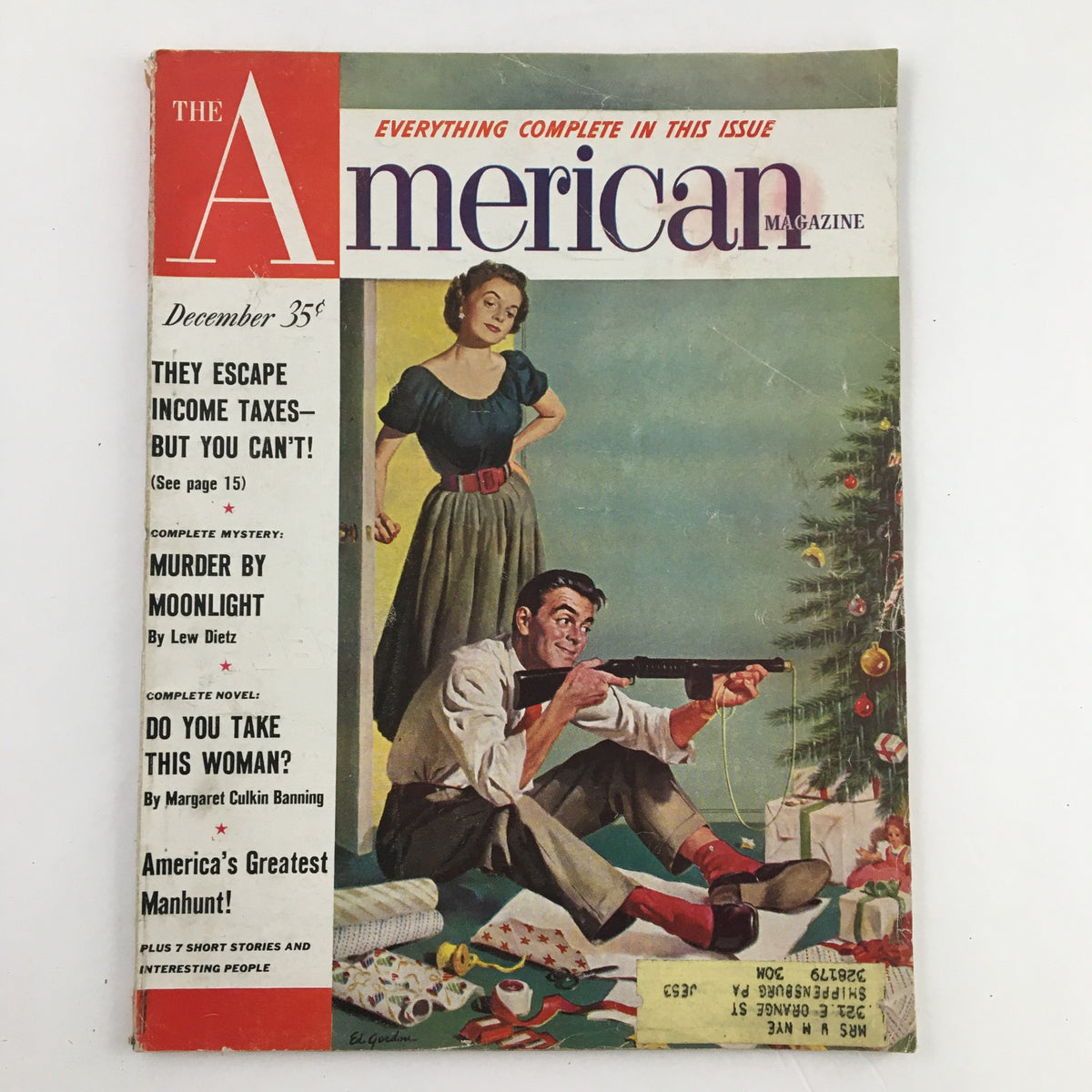 Cover of The American Magazine, December 1952, featuring the title "They Escape Income Taxes But You Can't!" with a festive scene including a man seated in front of a Christmas tree holding a rifle, and a woman standing nearby, reflecting mid-20th century America.