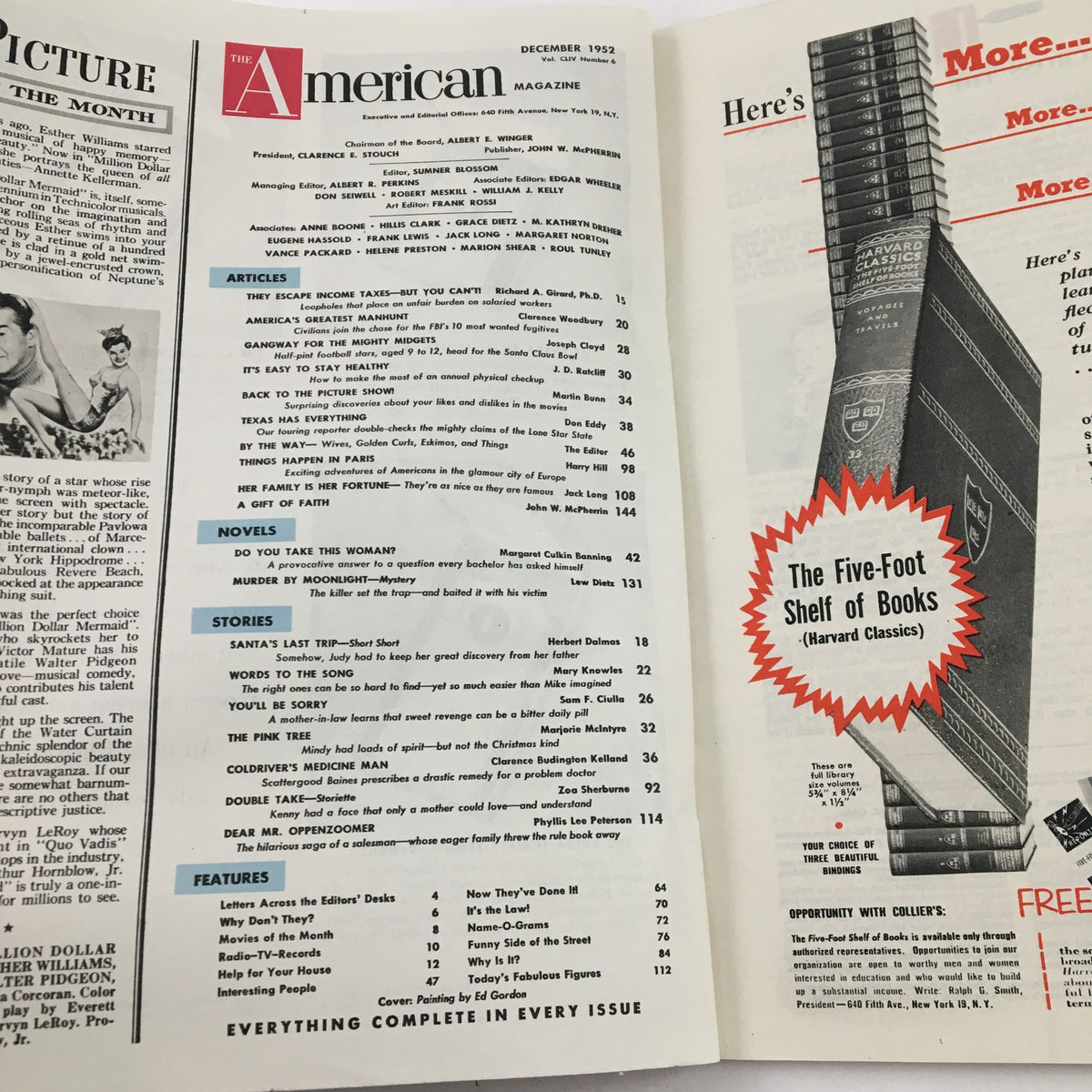 Inside spread of The American Magazine, December 1952, highlighting the contents and features, including the article 'They Escape Income Taxes But You Can't', offering readers a glimpse into mid-century American culture.