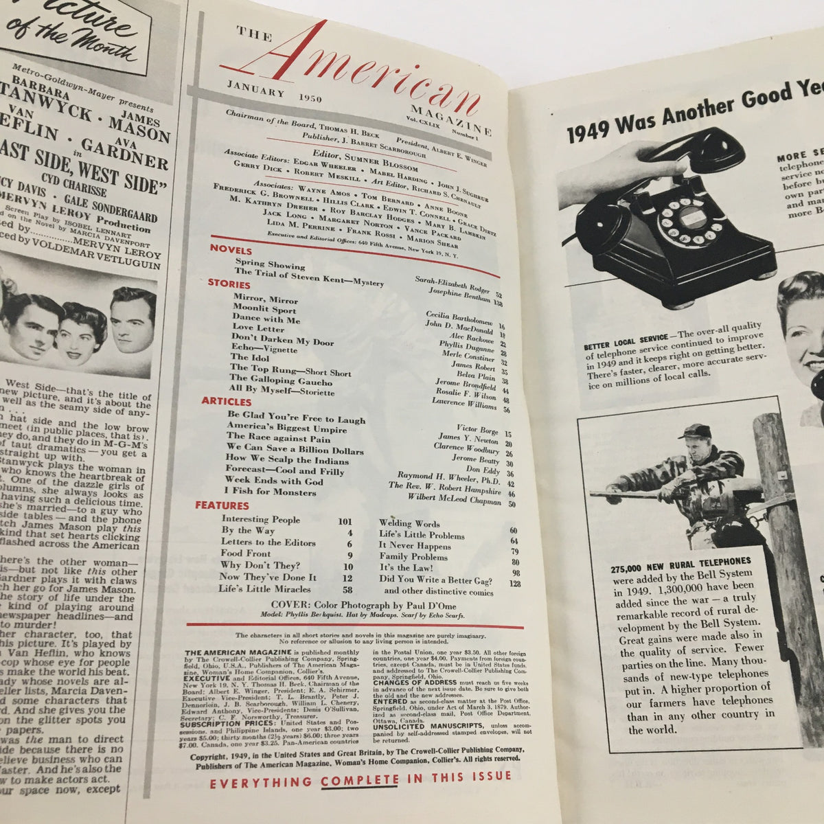 Interior page of The American Magazine January 1950 displaying contents, including mentions of the mystery novel The Trial of Steven Kent and various articles.
