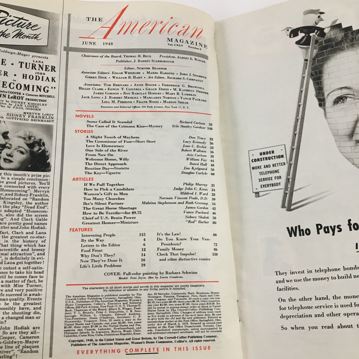 Inside page of The American Magazine June 1948 displaying the table of contents, featuring articles including 'How To Pick a Candidate' by Judge John C. Knox, illustrating the magazine's historical significance.