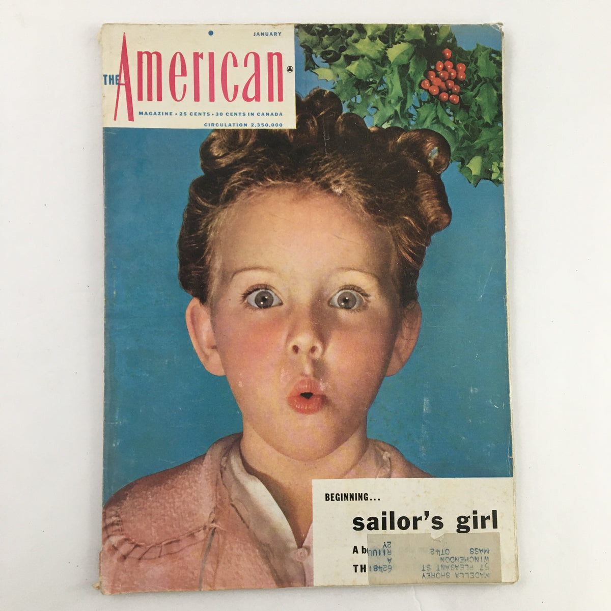 Cover of The American Magazine from January 1942 featuring a surprised girl with curly hair and the title 'sailor's girl', showcasing vintage magazine design.