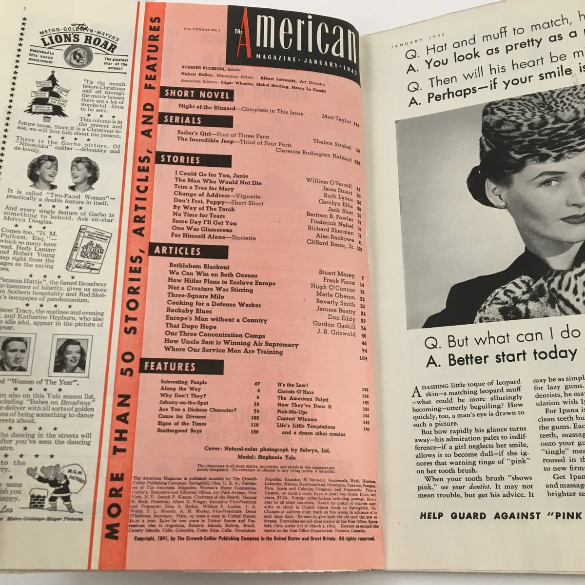 Interior page of The American Magazine January 1942 displaying contents, articles, and features, emphasizing the historical context of the early 1940s.