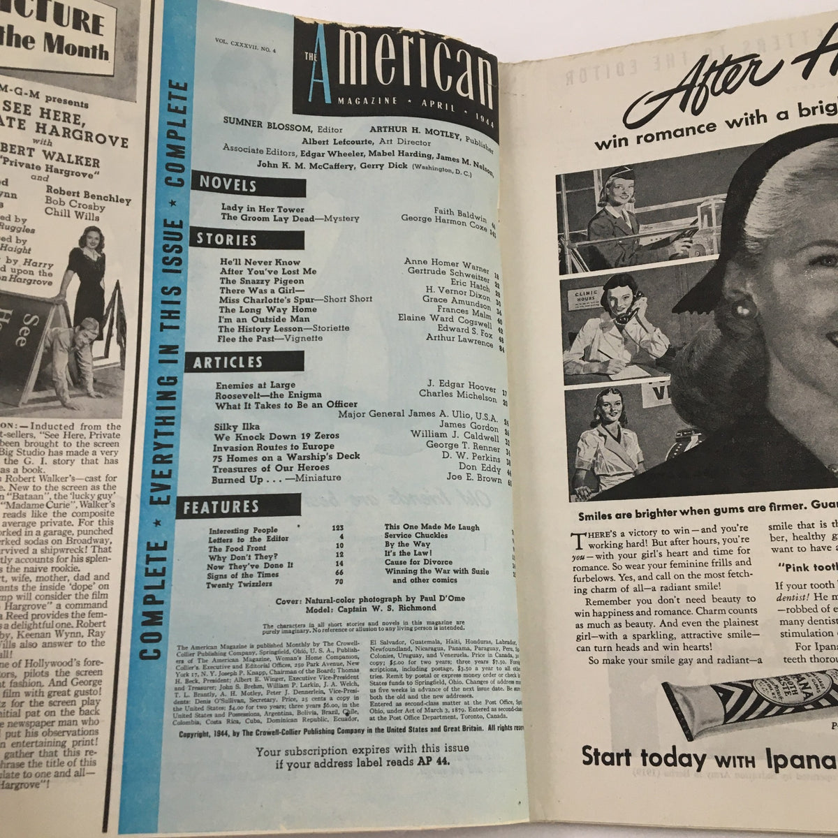 Inside page of The American Magazine April 1944 showcasing article listings and features, including the cover photo of Captain W. S. Richmond.